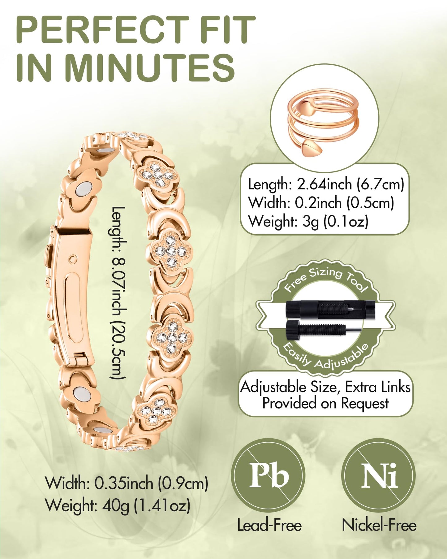 Feraco Pure Copper Bracelets & Rings for Women, Ultra Strength Magnetic Bracelet for Women with Neodymium Magnets & Sparkling Cubic Zirconia, Adjustable, Infinite Clover Jewelry (Rose Gold)