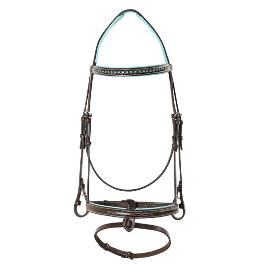 ExionPro Anatomical English Horse Bridle with Blue Crystal Bling Browband- Baby Blue Padded Jumping Bridle with Flash Noseband & Rubber Reins- Comfort Crown - Black or Havana Brown - Full