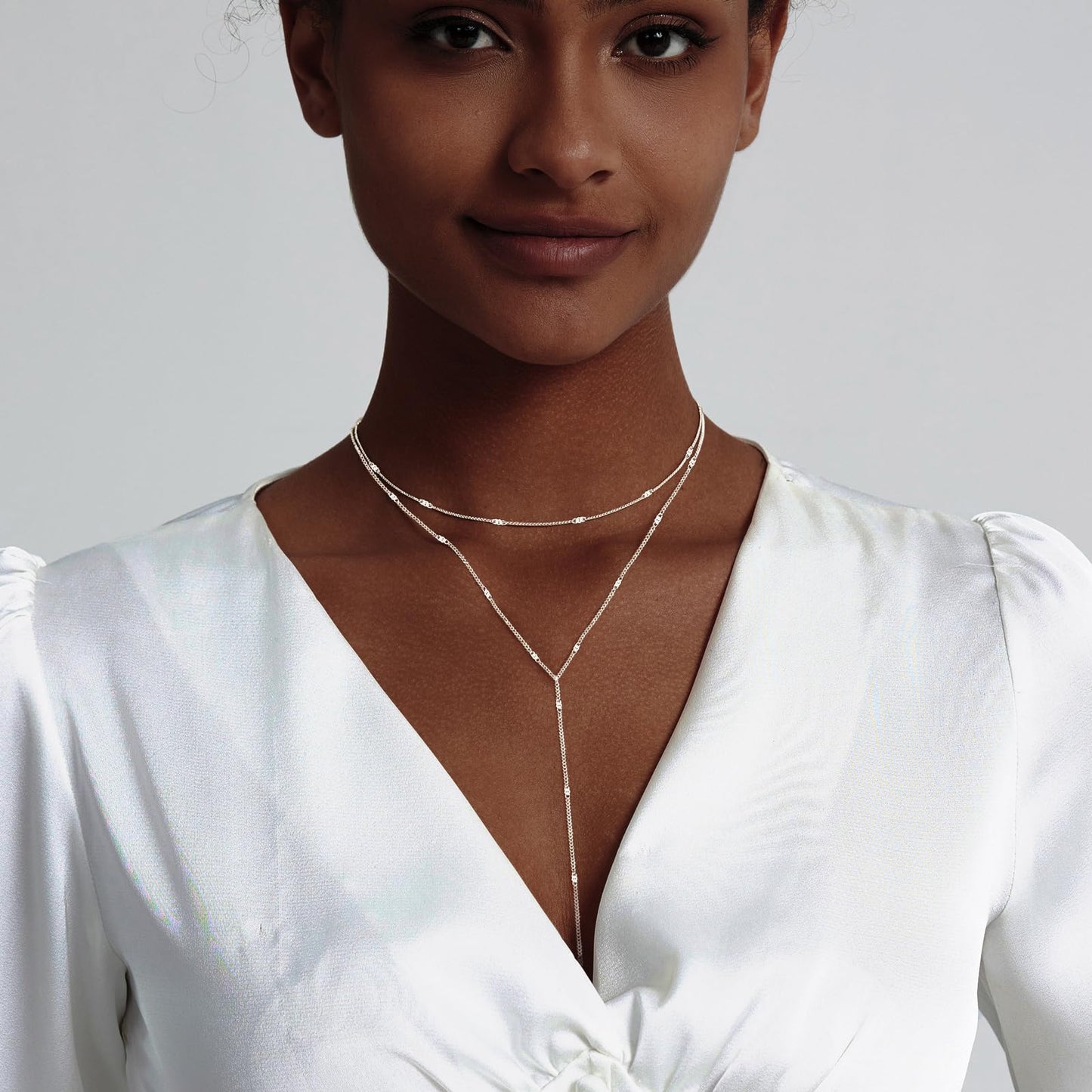 HERIER Silver Layered Necklace for Women Dainty Silver Plated Long Necklace Y-Shaped Drop Chain Necklaces Trendy Simple Jewelry for Women Gifts