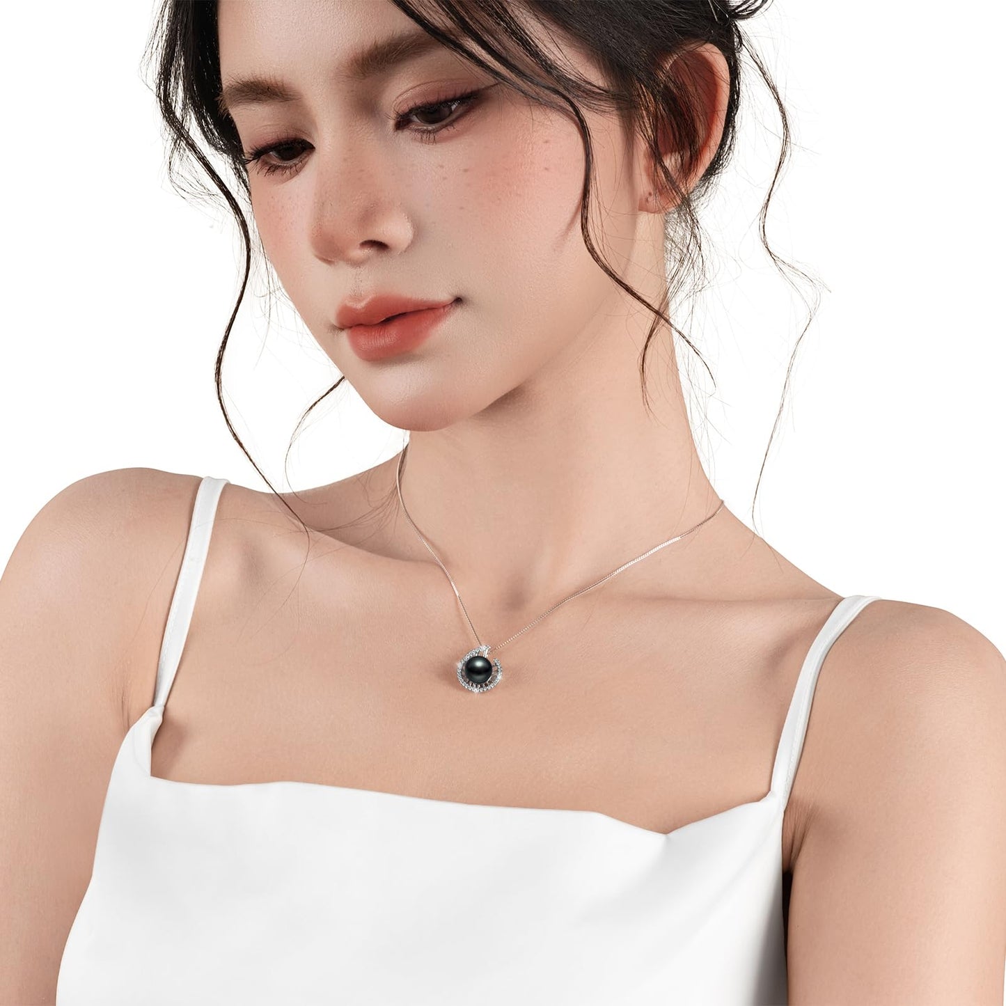 Atopearl Lucky Conch Tahitian Black Pearl with Moissanite Pendant Necklace, 9-10MM AAAA Pearl Gifts for Women Wife Wedding Birthday Anniversary Valentines