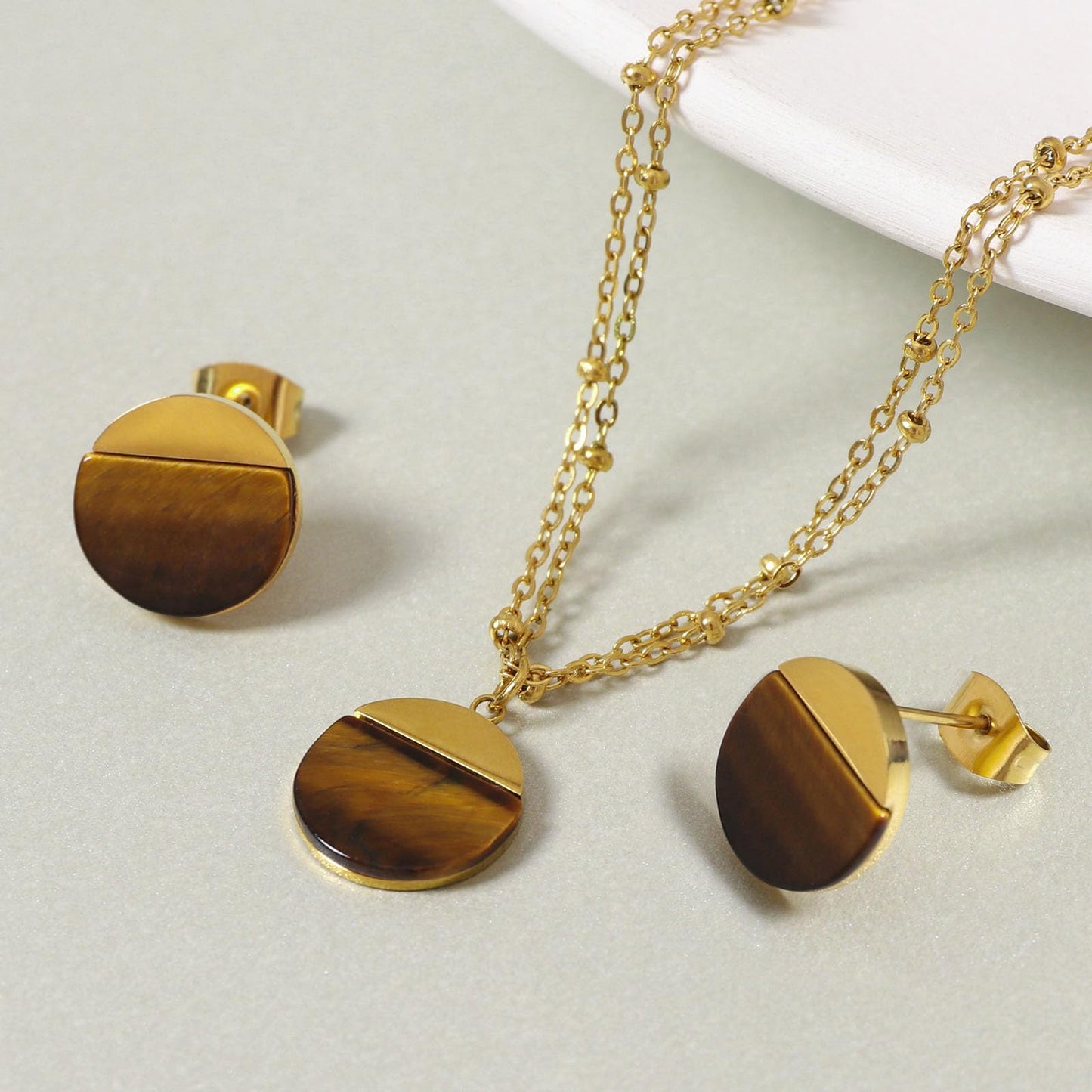 TaYolnFaSo Natural Tiger Eye Jewelry Set for Women 18K Gold Plated Tiger Eye Stud Earrings Double Chain Necklace Set Dainty Jewelry Gift