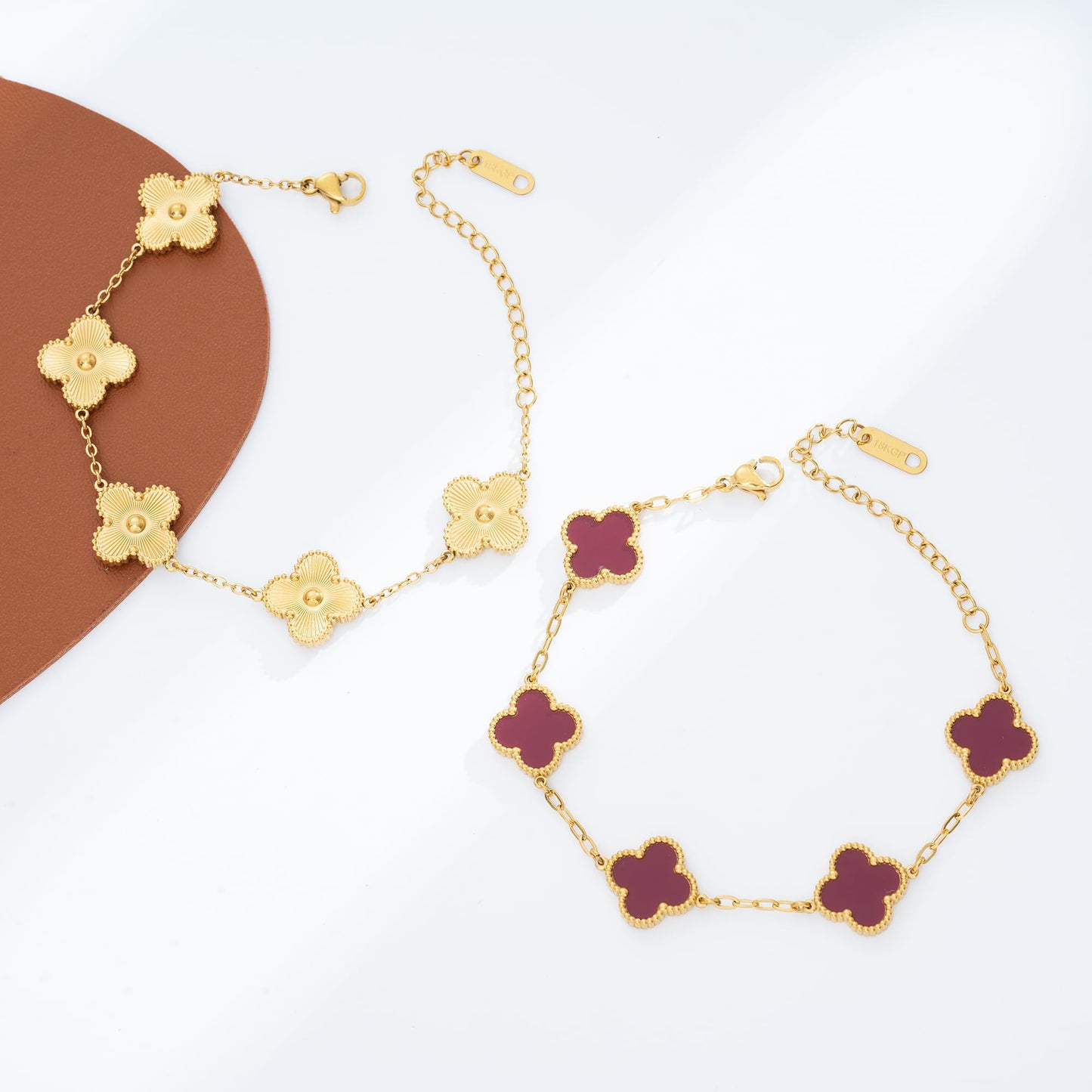 Acicihenn Waterproof Four-Leaf Clover Bracelet,Adjustable Link Double Sided Jewelry, Lovely Fashion Jewelry Gift for Women Gold Bracelet + Red Bracelet
