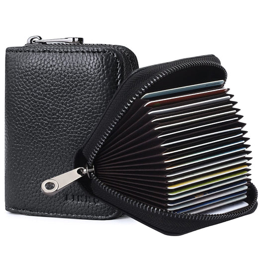 Linno RFID 20 Slots Credit Card Holder Genuine Leather Small Wallet for Women or Men with Zipper