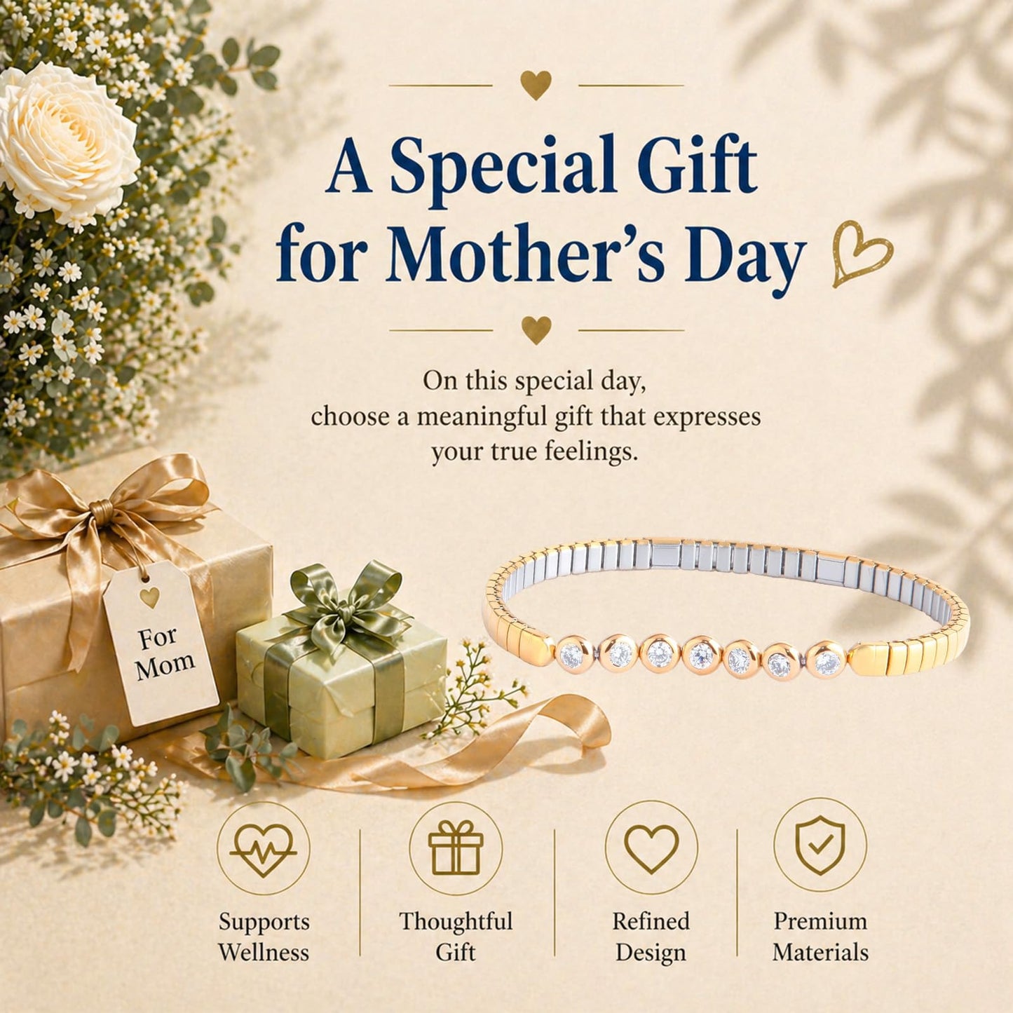 KYOSI Magnetic Bracelet for Women Energy Balance Stainless Steel Bracelet Magnet jewelry Stretches Elastic Small Bracelet Mothers Gifts (Silver+Gold)