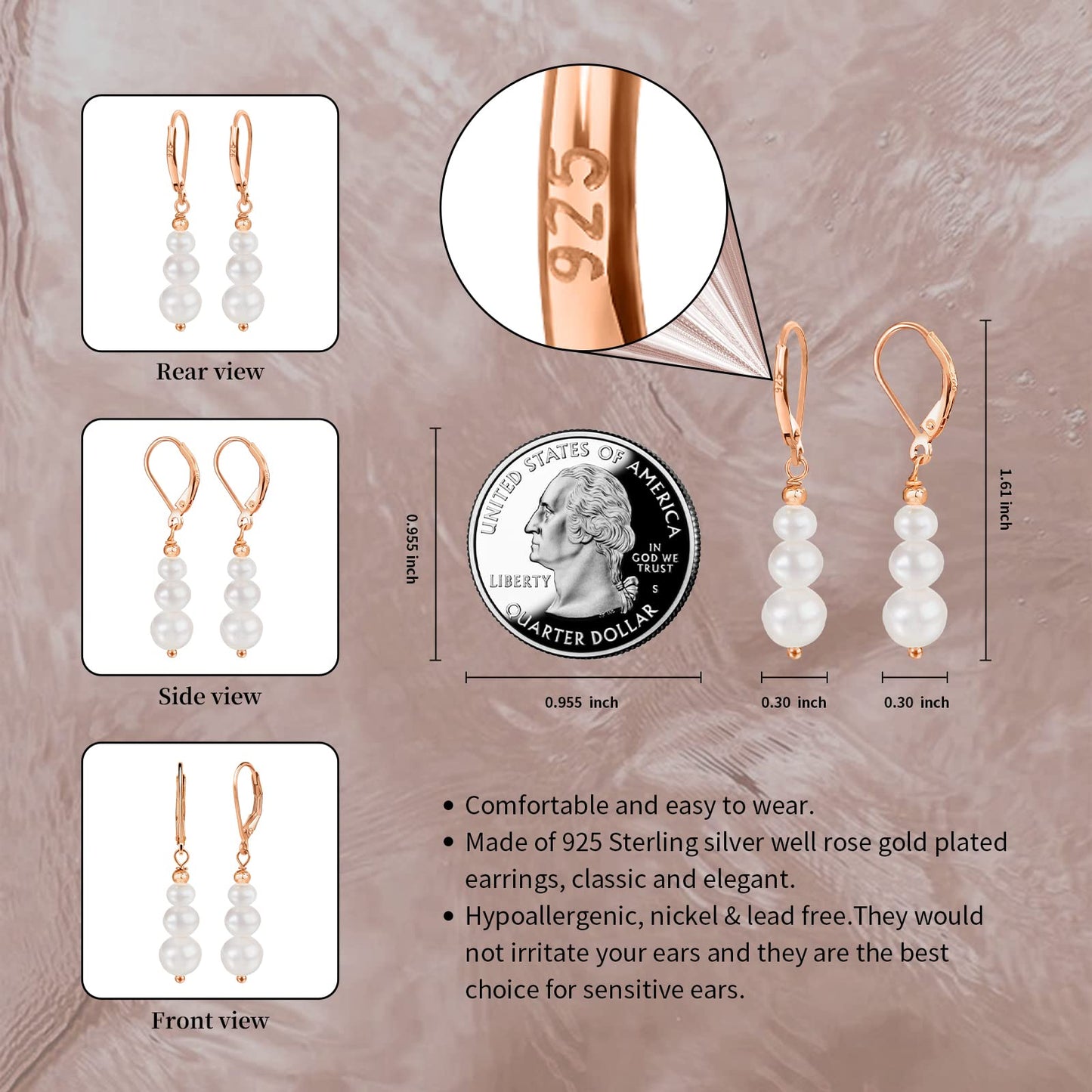 ZVVBOO Sterling Silver Freshwater Pearl Drop Earrings for Women – Rose Gold Plated Dangle Earrings