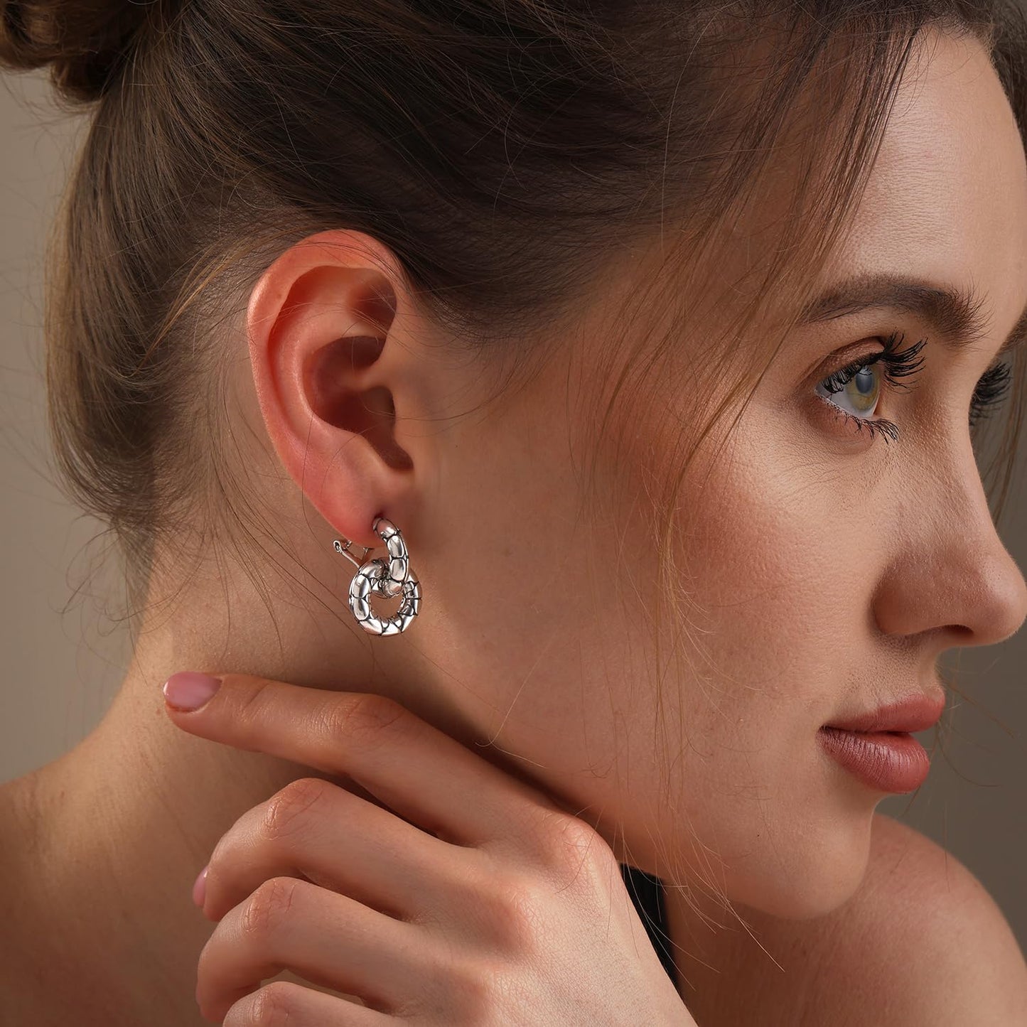 LeCalla 925 Sterling Silver Omega Back Earrings Antique Small Detachable Double Hoop Earrings Door Knocker Earring with Omega Clip-On Closure for Women 25 MM
