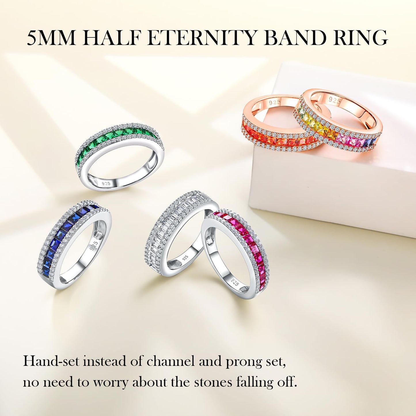 RANDES Blue Sapphire Ring Half Eternity Wedding Band 925 Sterling Silver Thick Band Rings for Women Size 7