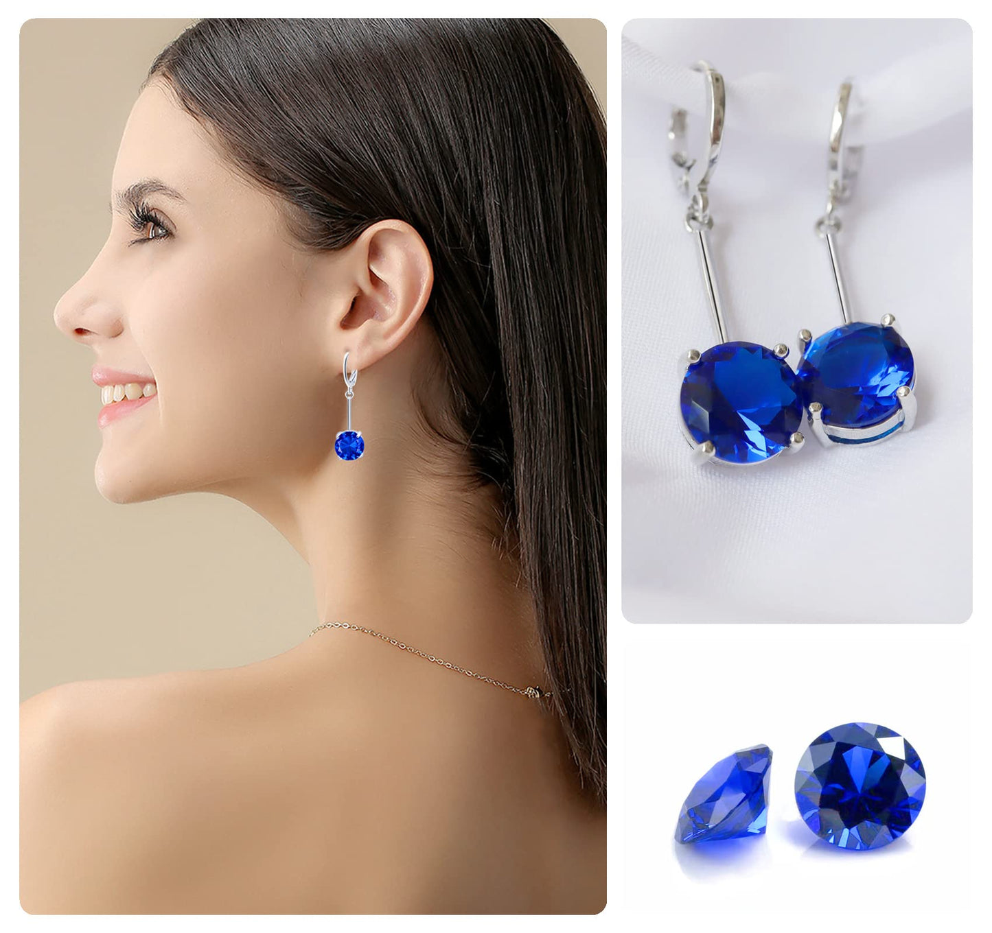VONSSY Gemstone Drop Dangle Earrings | Platinum /Gold Plated Leverback Crystal Cubic Zirconia Hanging Red /Pink/Blue Earrings (Sapphire Blue-Platinum)