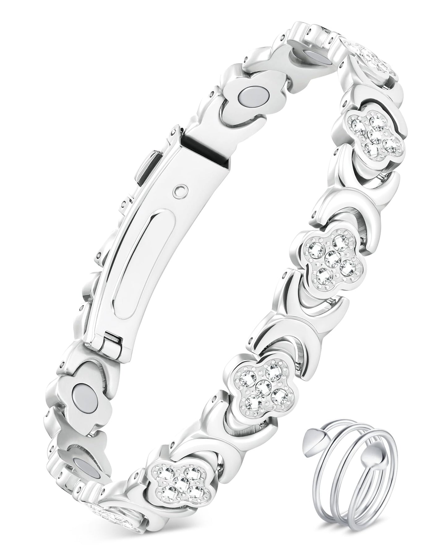 Feraco Pure Copper Bracelets & Rings for Women, Ultra Strength Magnetic Bracelet for Women with Neodymium Magnets & Sparkling Cubic Zirconia, Adjustable, Infinite Clover Jewelry (Silver)