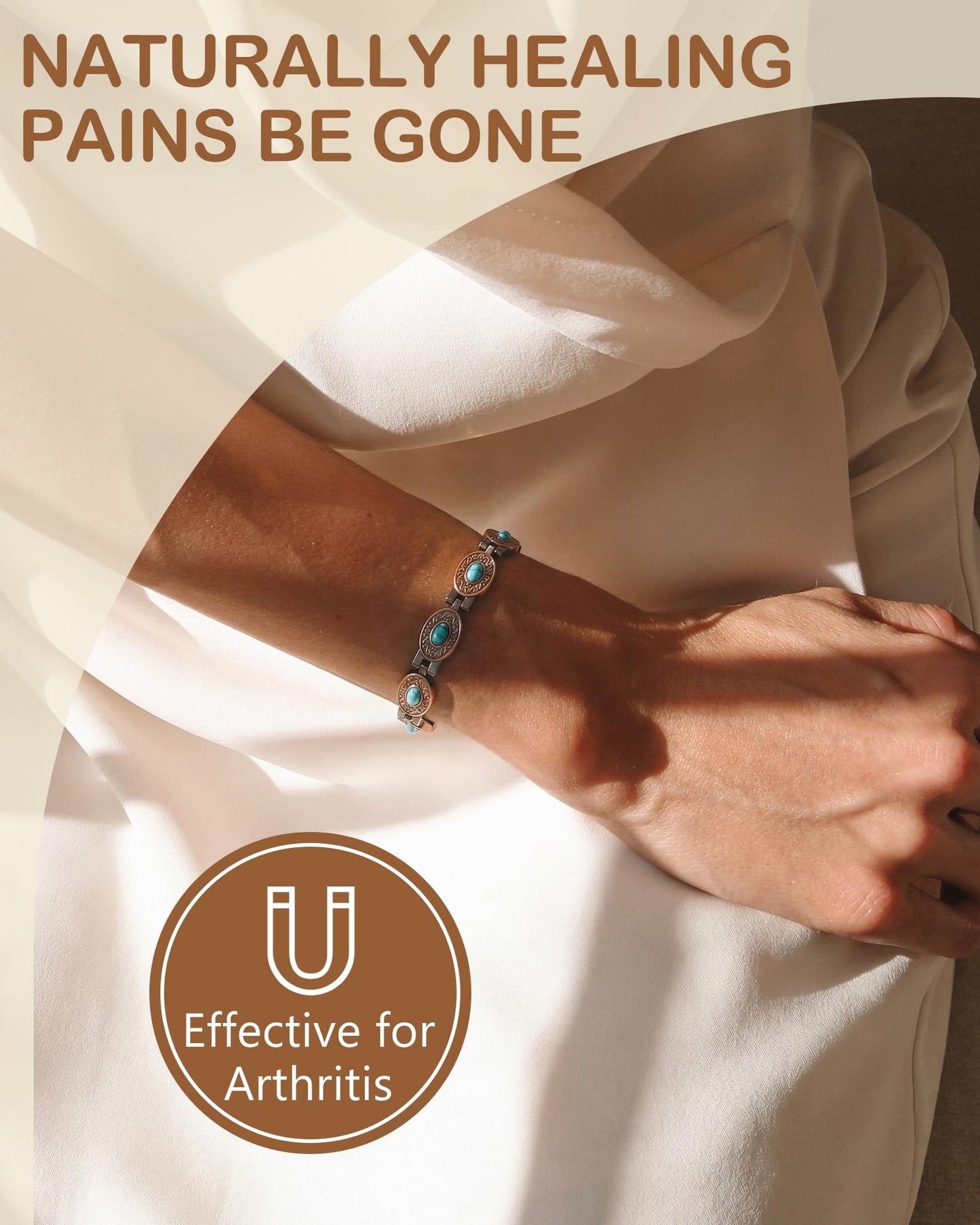 Feraco 99.99% Pure Copper Bracelets for Women, Ultra Strength Magnetic Bracelet with 3800 Gauss Magnets & Natural Turquois, Adjustable Jewelry Gift