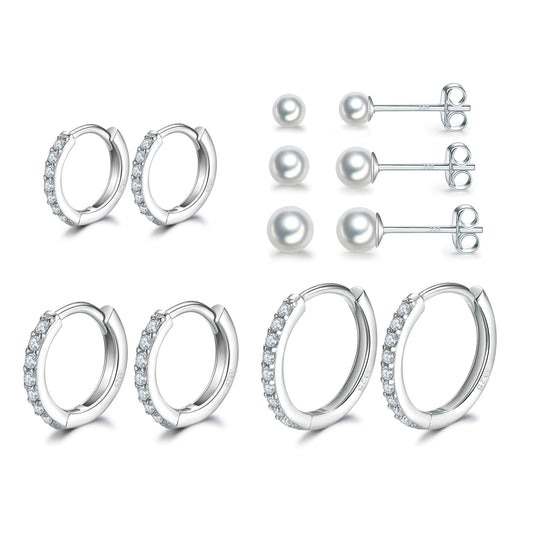 Sterling Silver Hoop Earrings Sterling Silver Stud Earrings for Women 6 Pairs Hypoallergenic Tiny Pearl Jewelry Set Cartilage Hoops