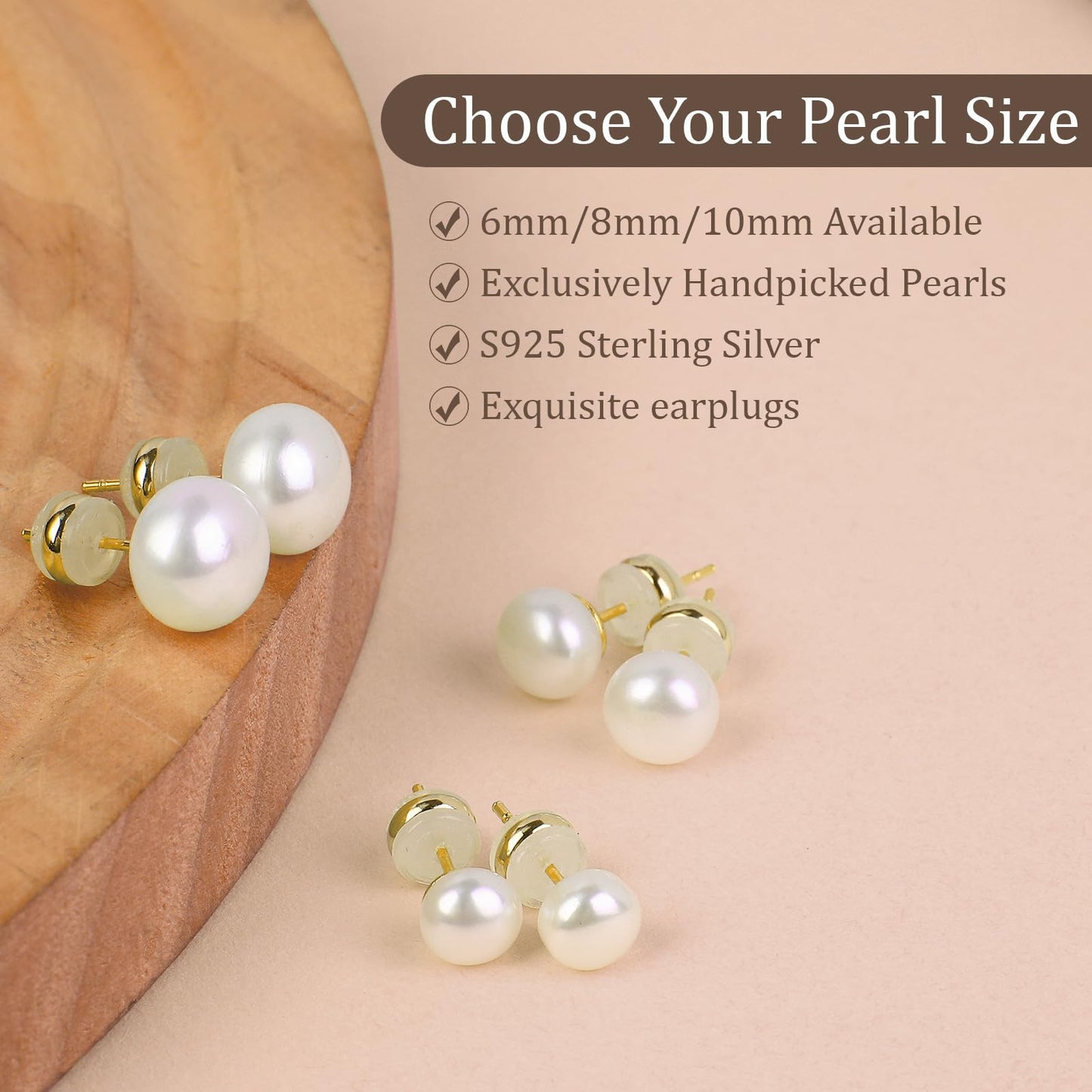 Natural Freshwater Cultured Pearl Stud Earrings, AAAA+Handpicked, Sterling Silver 18K Gold Plated Hypoallergenic Earring Studs Jewelry For Women (8mm)