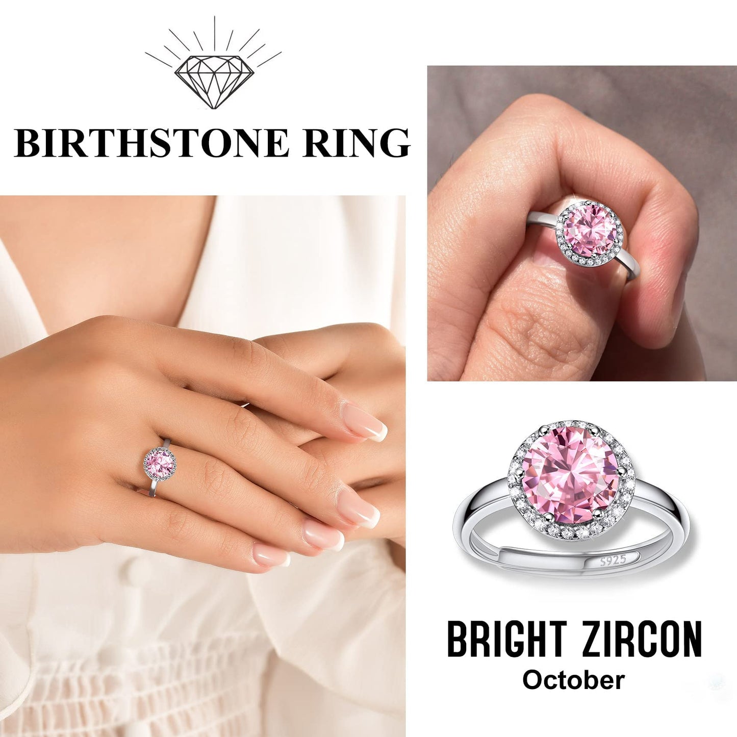 Bestyle Infinity Love Round October Pink Tourmaline Gemstone Rings with Sparkling CUbic Zirconia, Brilliant Love Round Diamond Halo Rings Statement Jewelry for Women
