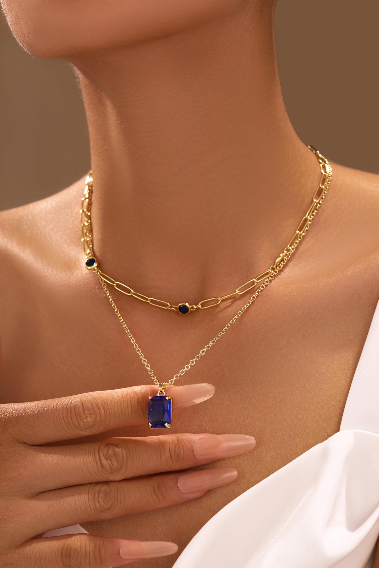 VANGETIMI Blue and Gold Layered Pendant Necklaces for Women 14k Gold Plated Crystal Choker Necklace Paperclip Rhinestone Necklace Party Prom Jewelry