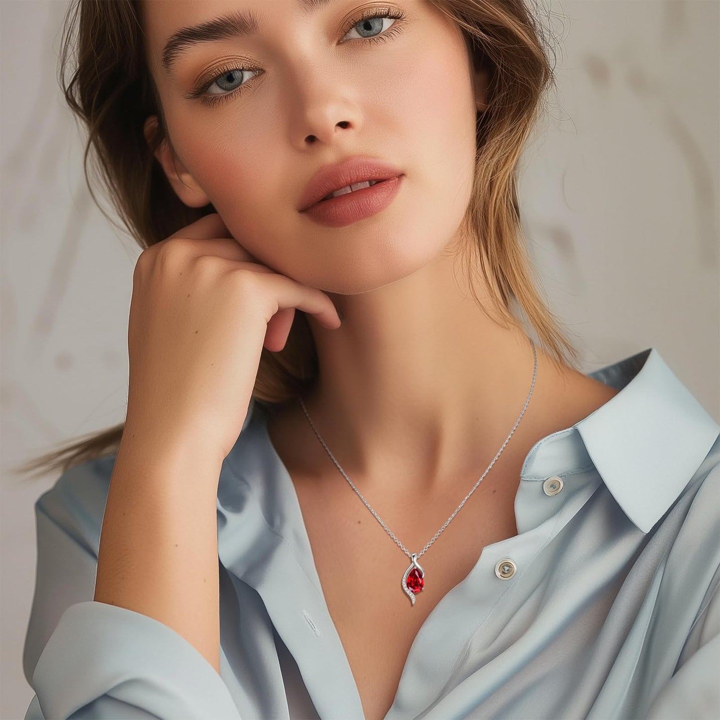 FANCIME July Birthstone Necklace for Women Teardrop Ruby Necklace S925 Sterling Silver Gentle Love Birthday Gifts for Mom Women, 16"+2" Inches