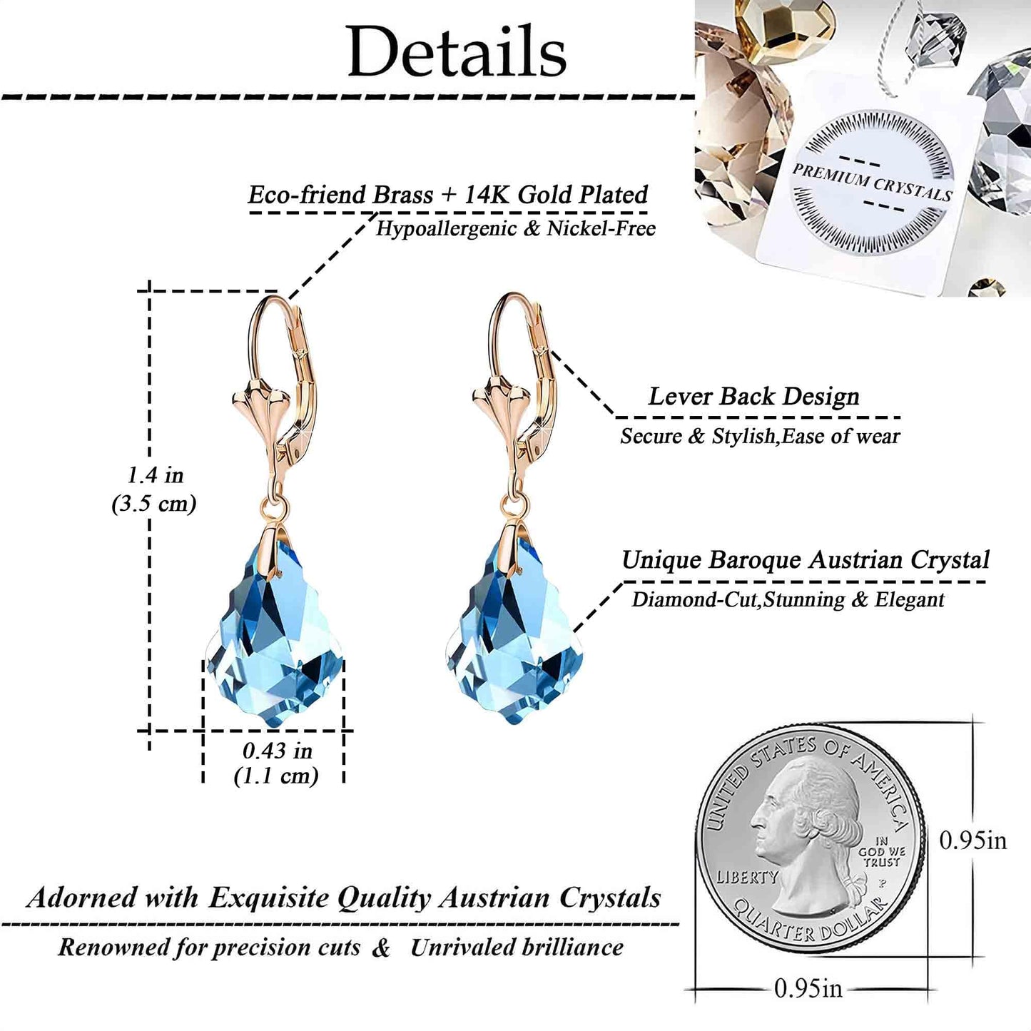 Austrian Crystal Baroque Drop Leverback Earrings for Women Fashion 14K Gold Plated Hypoallergenic Jewelry (Aquamarine)