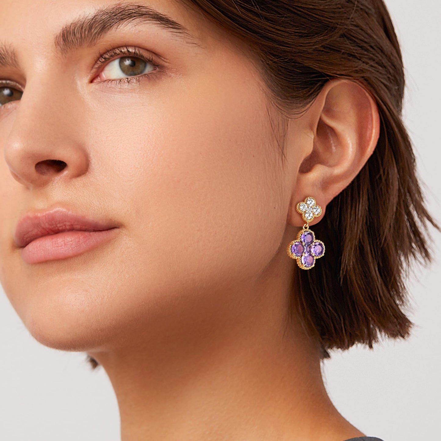 MTMY Dangle Earrings for Women 14K Gold Plated Four Leaf Clover Dangling Drop Birthstone Stud Earrings Trendy Flower Birthstone Jewelry Birthday Gifts(February)