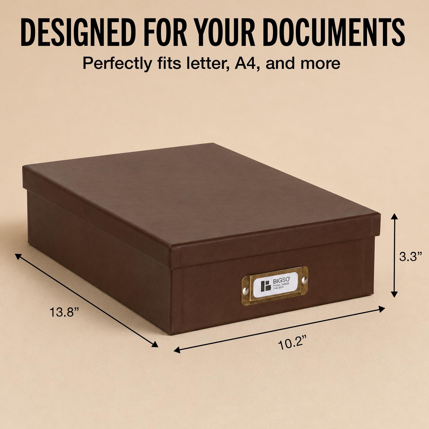 Bigso Oskar Fiberboard Document Storage Box with Lid for A4 and Letter Size Papers - Stylish, Sturdy, and Stackable Keepsake Box with Label Holder - W10.2in x D13.8in x H3.3in - Recycled Leather