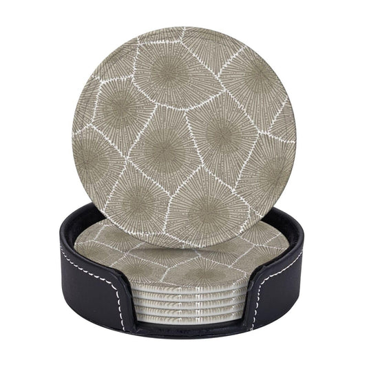 Keeawou Petoskey Stone Leather Drinks Coasters with Holder, Set of 6, Suitable for Various Cups