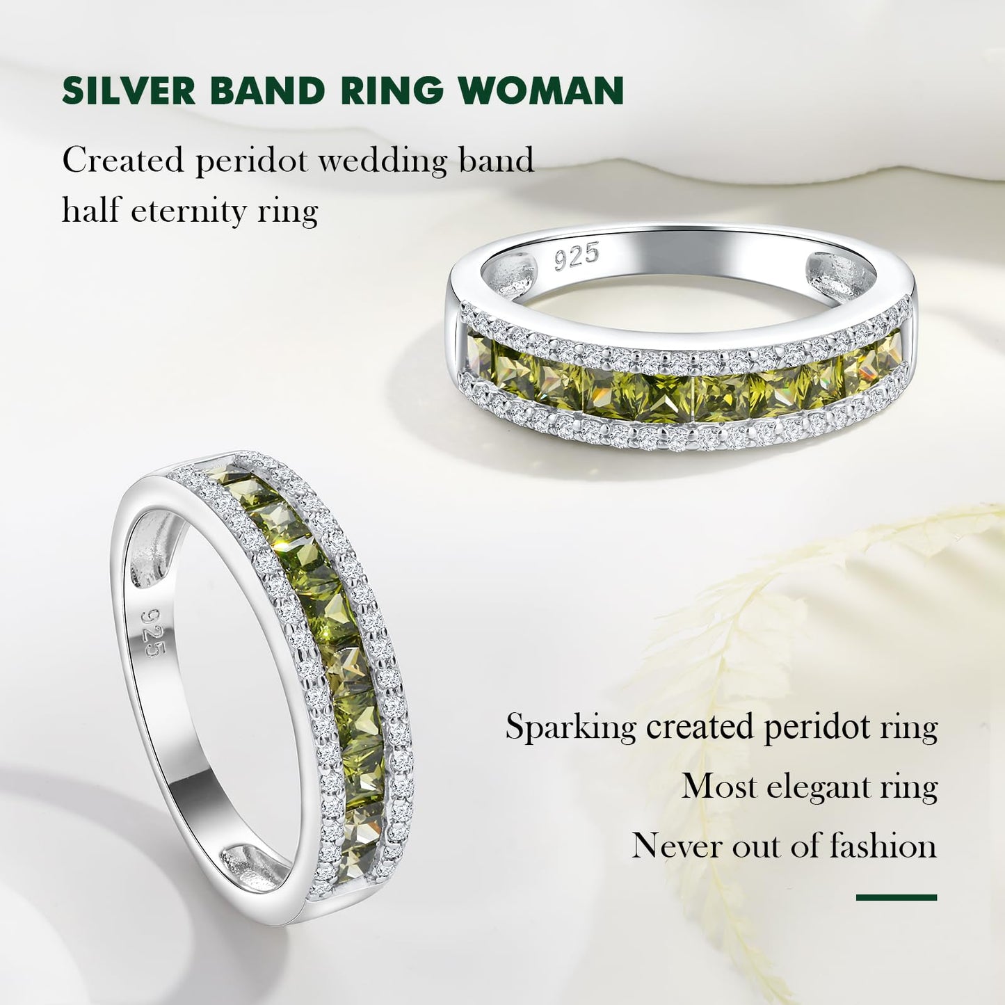 RANDES Peridot Rings for Women Eternity Band 925 Sterling Silver Channel Set Princess Cut Wedding Band August Birthstone Ring Size 6