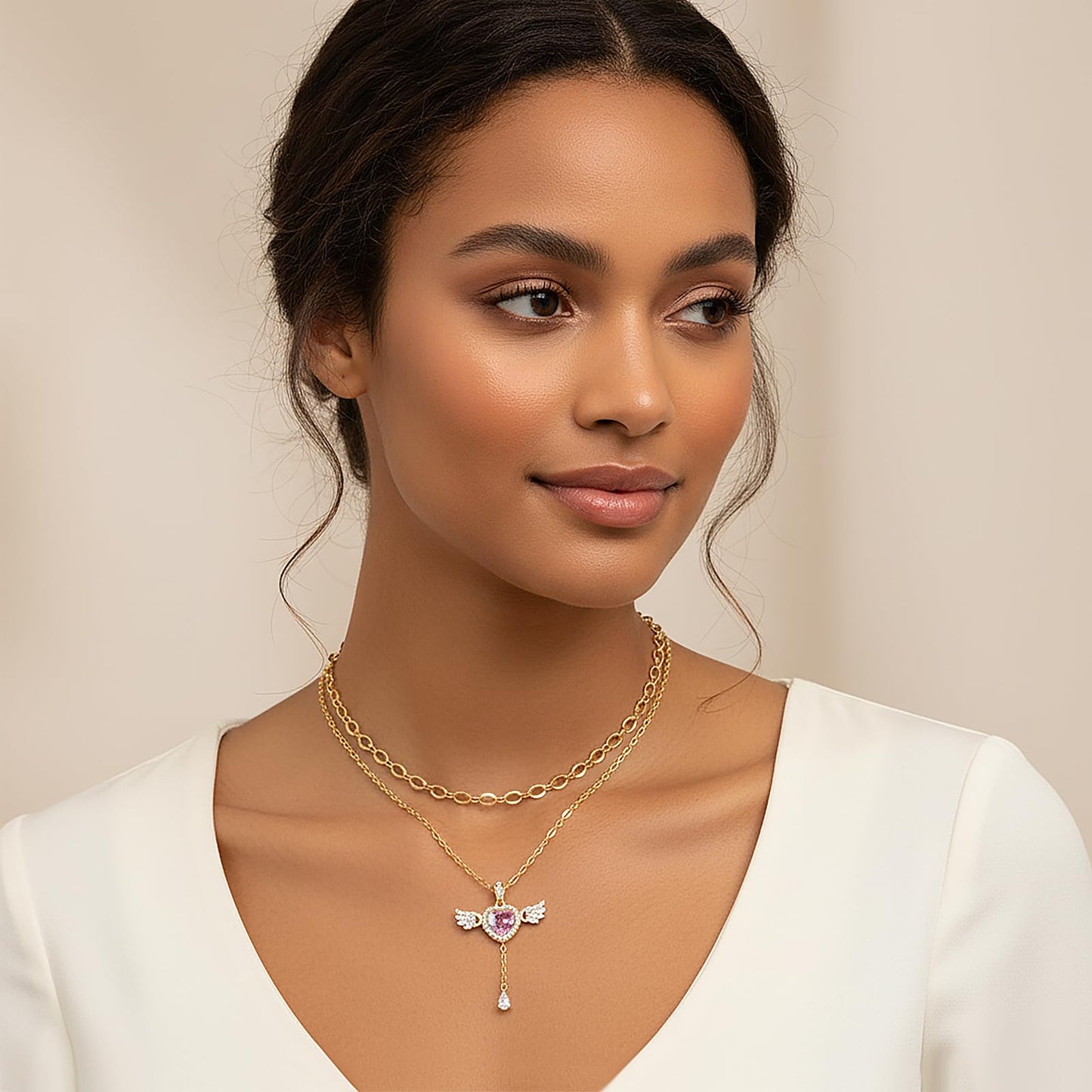 MEIITRUE Heart Necklace for Women Trendy,14k Gold Plated Dainty Layered Necklaces Set Cubic Zirconia Love Drop Pendant with Movable Wings Personalized Choker Chain Jewelry Gift Pink