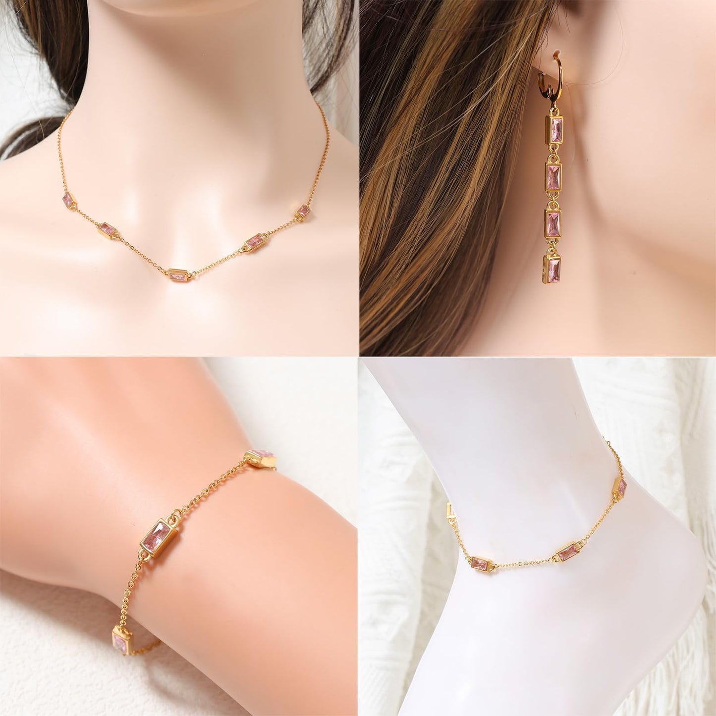 TaYolnFaSo Emerald-cut Pink Crystal Jewelry Set Cubic Zirconia Necklace Earring Bracelet Anklet Pink CZ Jewelry October Birthstone Gift for Women Wife Girlfriend