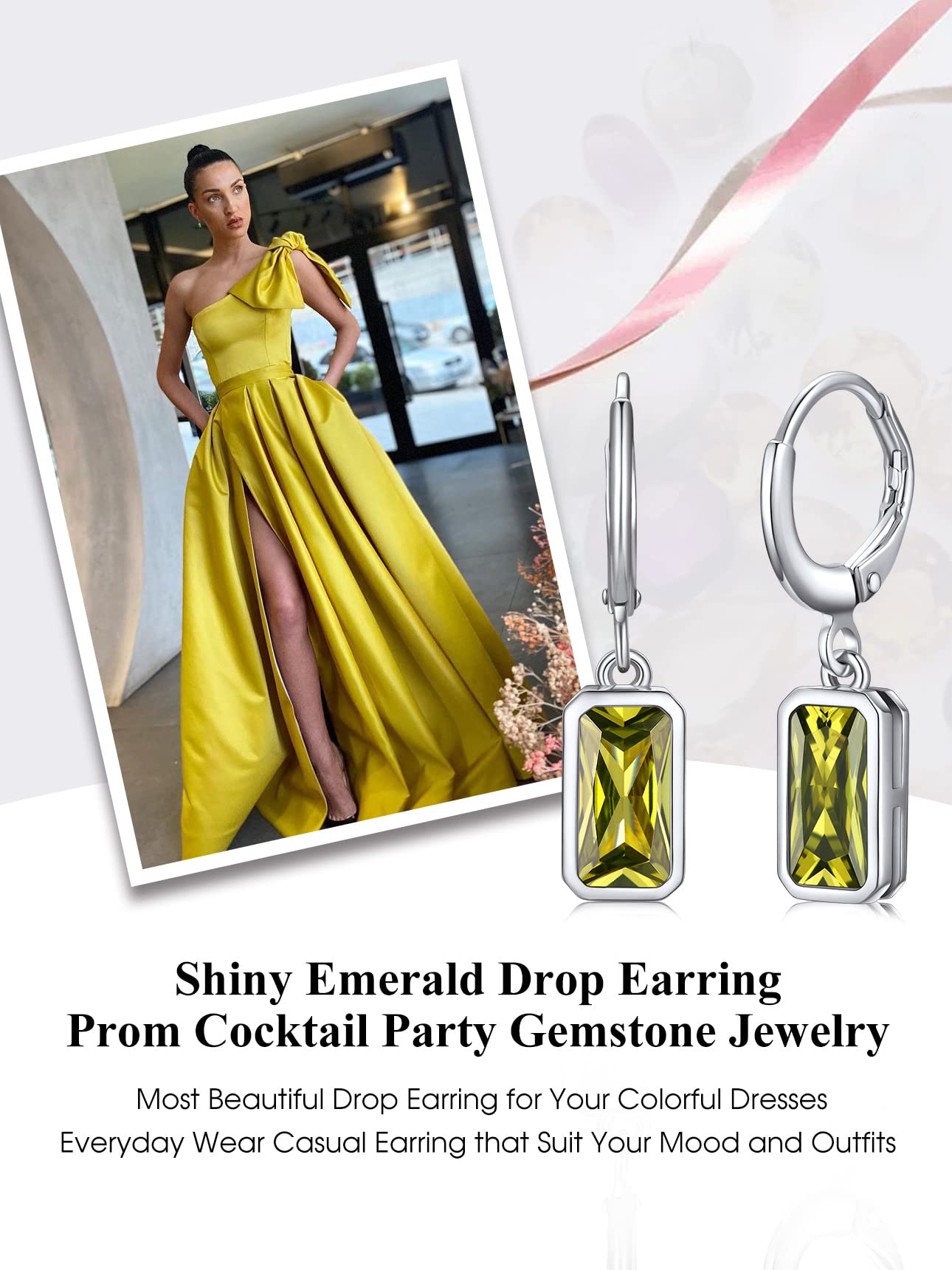 Bestyle Silver August Birthstone Drop Dangle Earrings - Created Peridot Baguette Earrings for Women - Dainty Cute Small Silver Huggie Hoop Dangle Earrings for Birthday Wedding Party Gowns