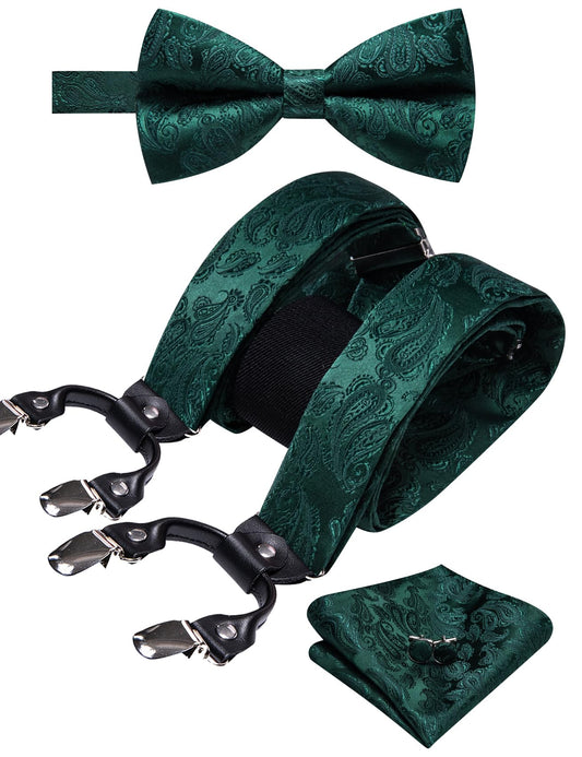 YOHOWA Mens Green Suspenders Bowtie Set Paisley Suspender 6 Strong Clips Adjustable Y-Back Woven Brace Formal Wedding Party Tuxedo