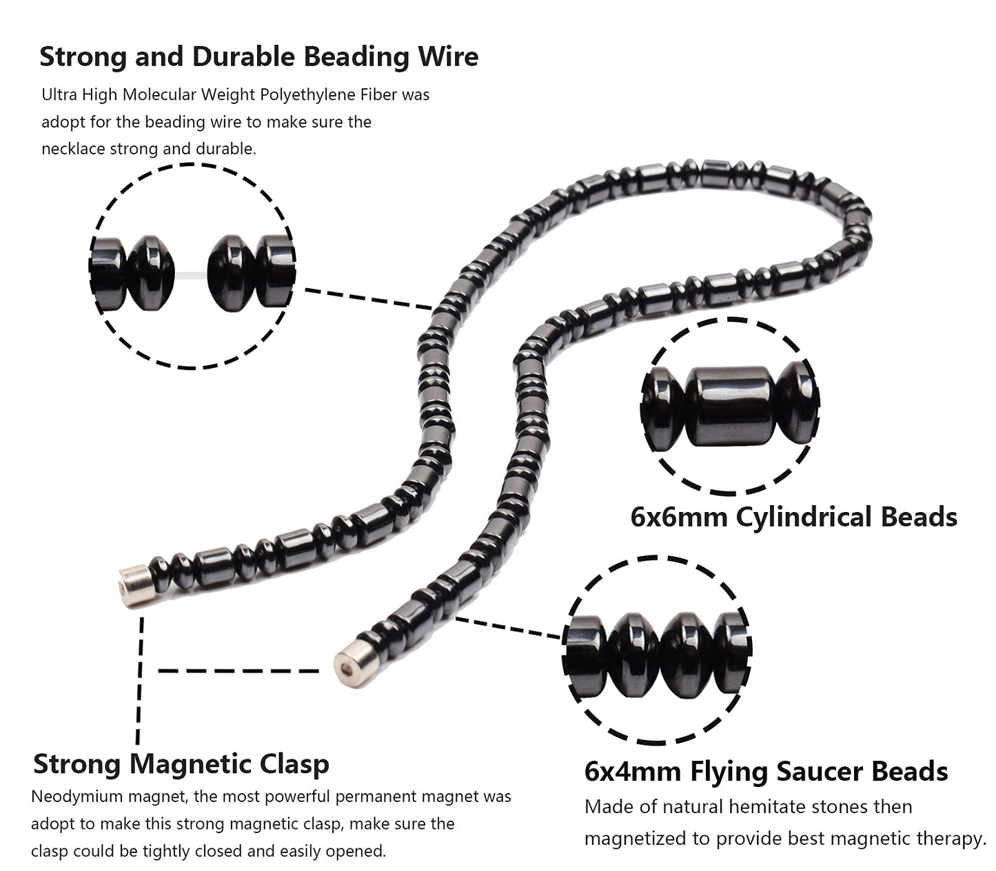 IRUMENG Natural Hematite Beaded Necklace Handcrafted Polished Gemstone Jewelry for Men Women Stylish Daily Wear (Magnetic Hematite, 20")