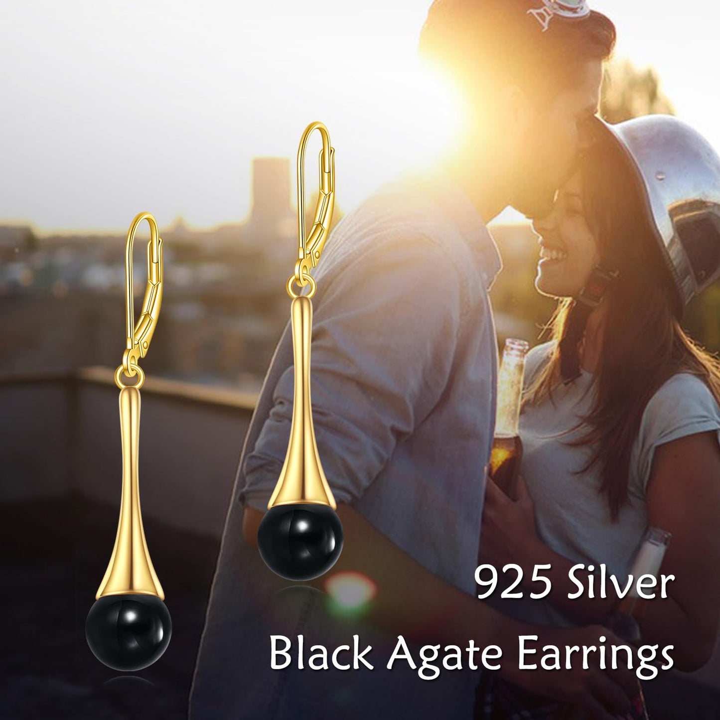 Sterling Silver Black Onyx Earrings for Women 18K Yellow Gold Plated Jewelry Gifts (Dangle with Ball Bead)