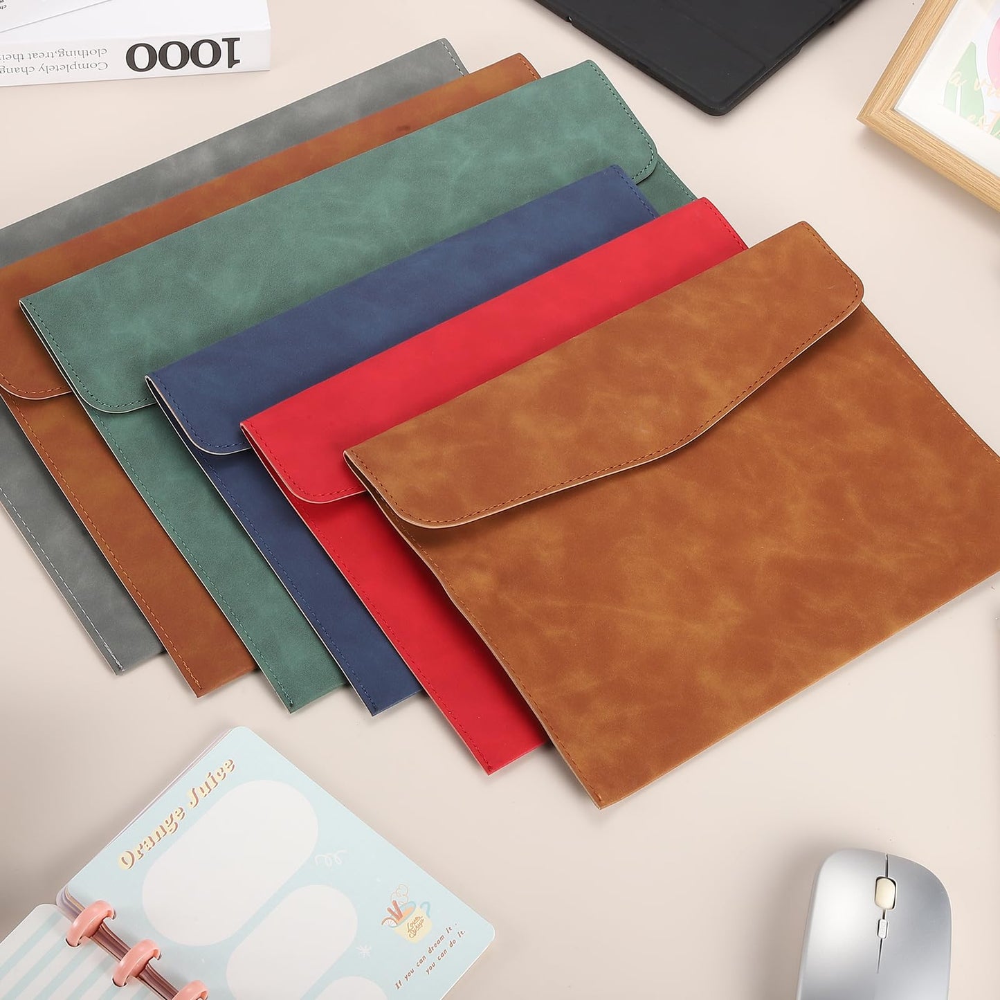 PATIKIL 2Pcs PU Leather File Folders, 13x9 A4 Document Holder Waterproof Envelope Folder with Snap Closure, Portable Portfolio Organizer Case for Paper Receipt, Brown/Gray