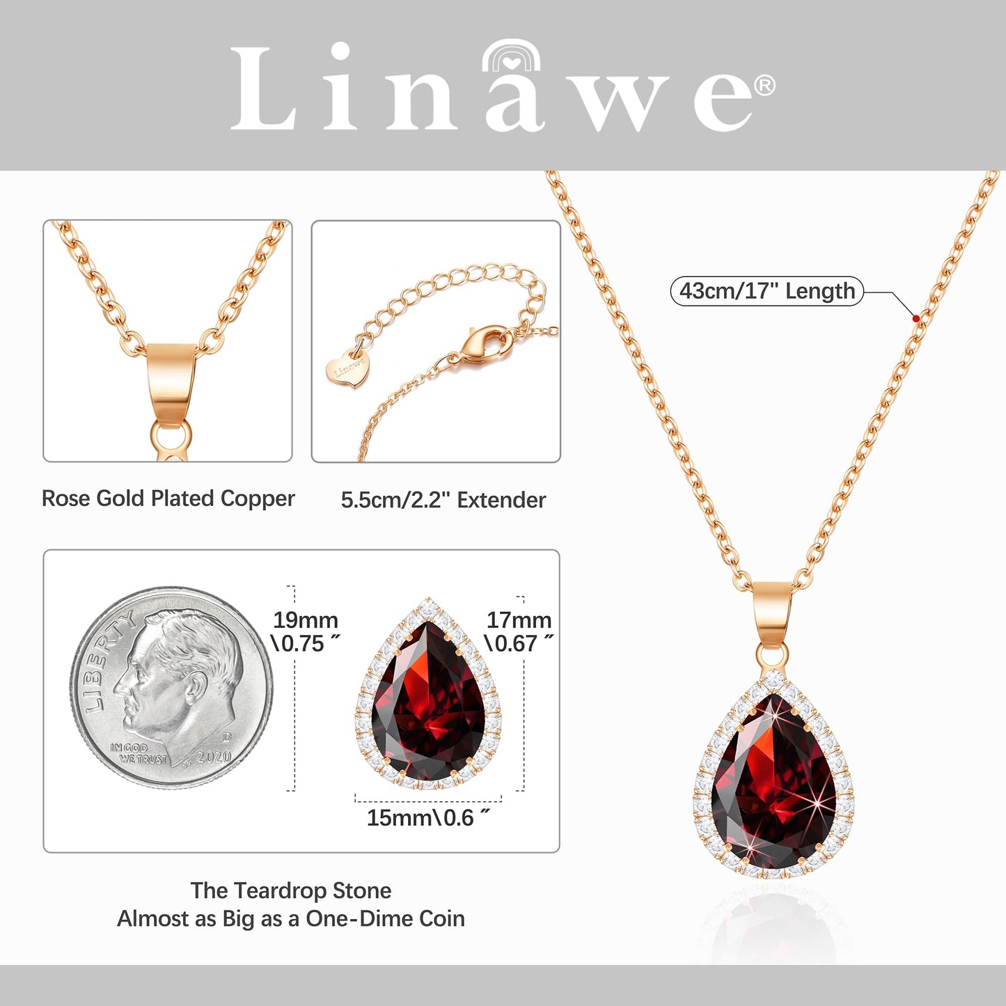 Linawe Ruby Rose Gold Chain Necklace for Women Trendy, Red Crystal Pendant Imitation Diamond Necklace, Boho Costume Jewelry Cubic Zirconia Birthstone Rhinestone Set