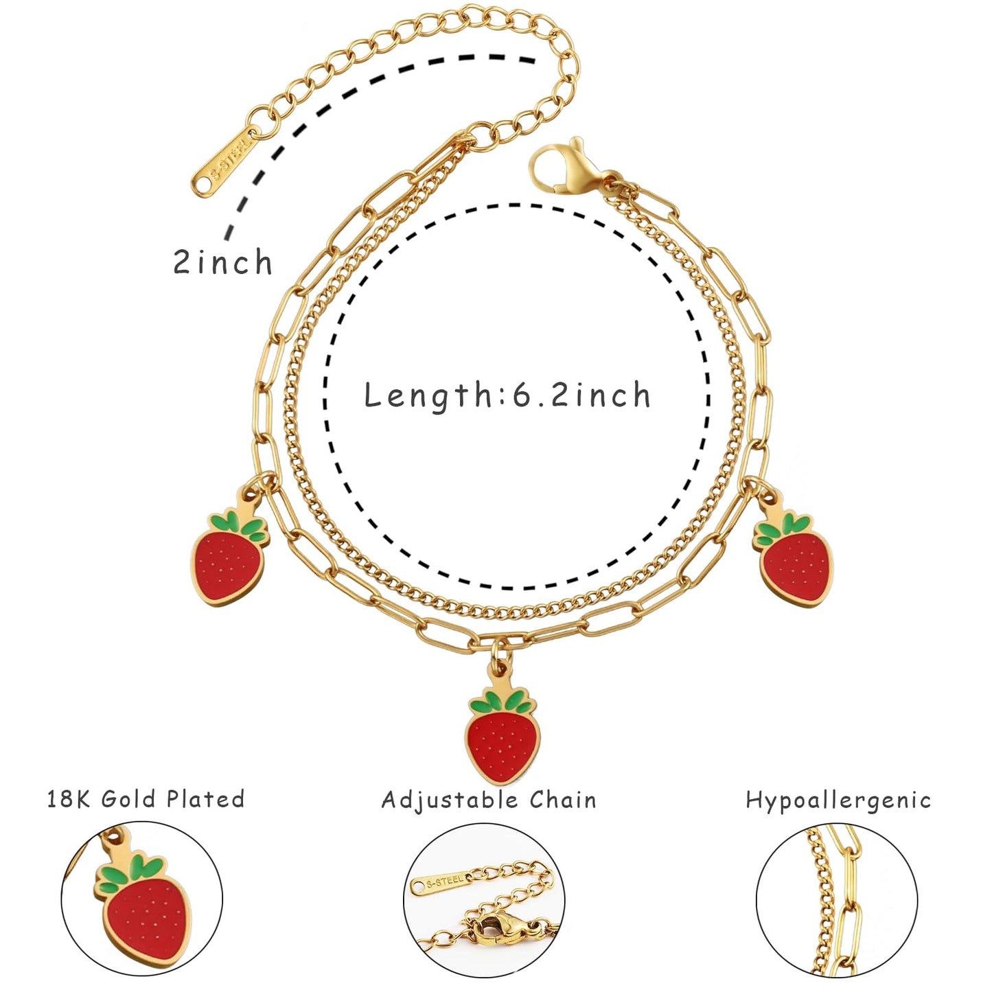 LCTrusttmor Gahna Strawberry Bracelets for Women, 18K Gold Plated Strawberry Fruit Charms with Adjustable Layered Chain Link for Women Summer Jewelry Gifts