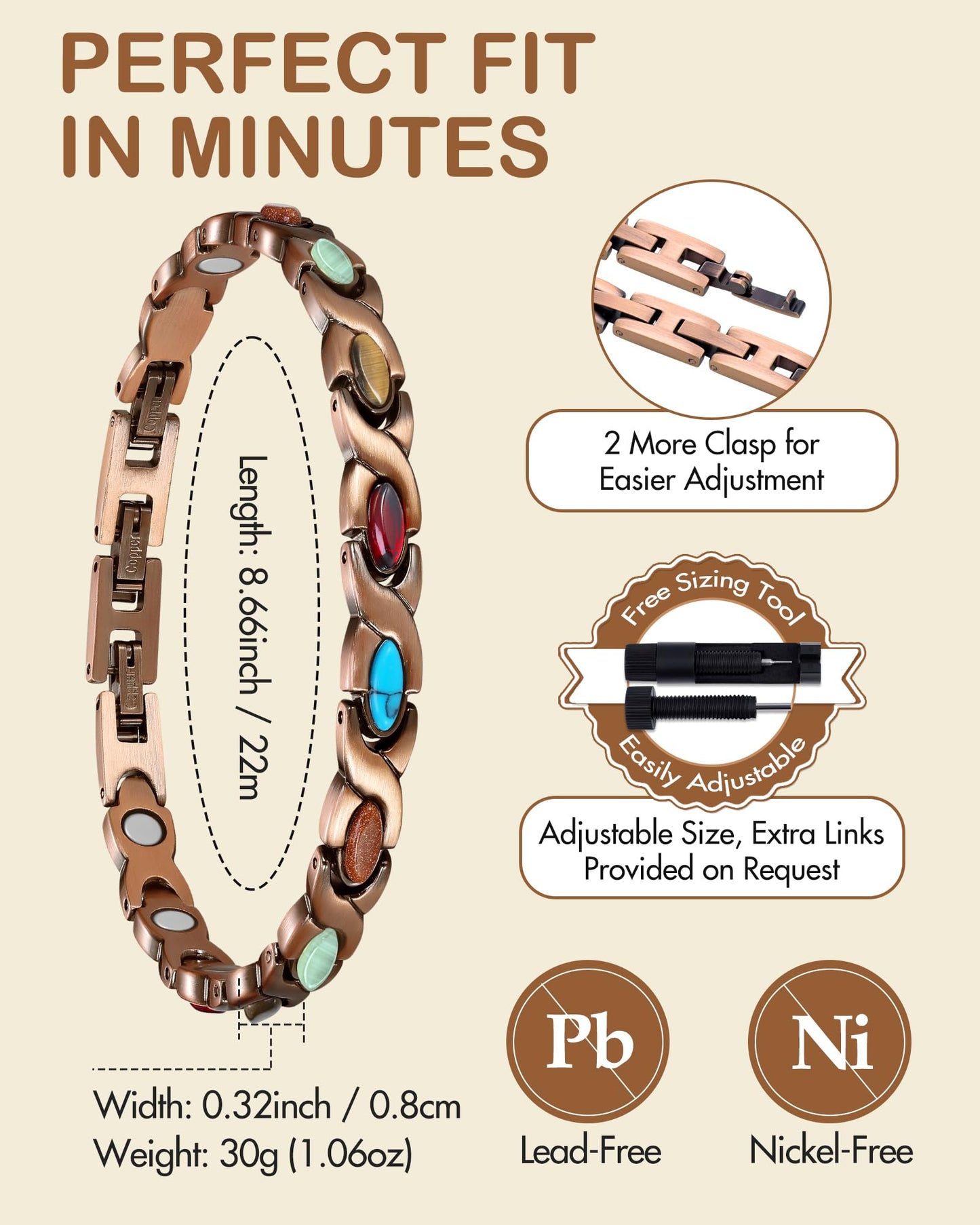 Feraco Pure Copper Bracelets for Women, Ultra Strength Magnetic Bracelet with 3800 Gauss Magnets & Natural Turquoise & Stones, Adjustable, Jewelry Gift (Infinite)