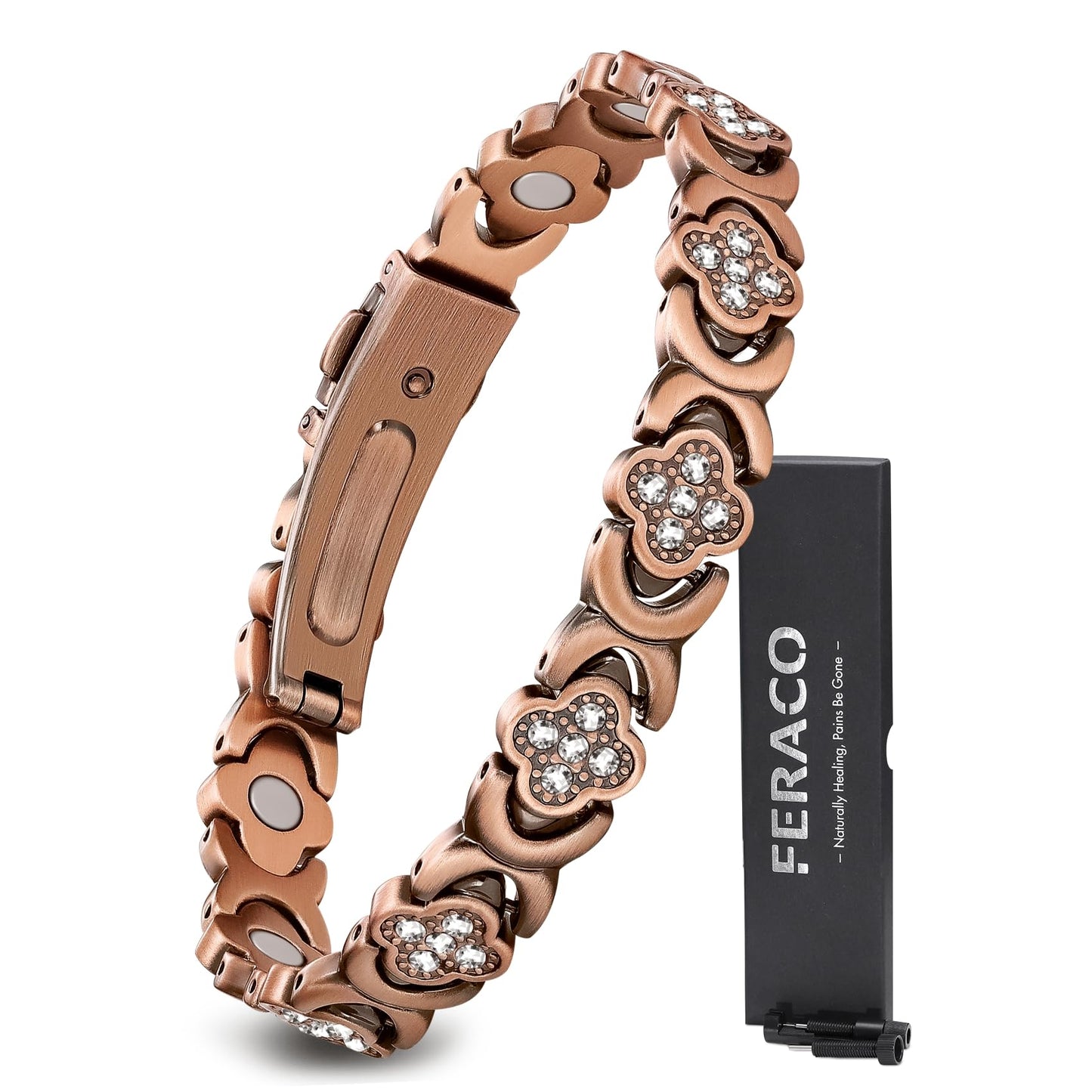 Feraco Pure Copper Bracelets for Women, Ultra Strength Magnetic Bracelet with 3800 Gauss Magnets & Sparkling Zirconia, Adjustable, Infinite Clover Jewelry