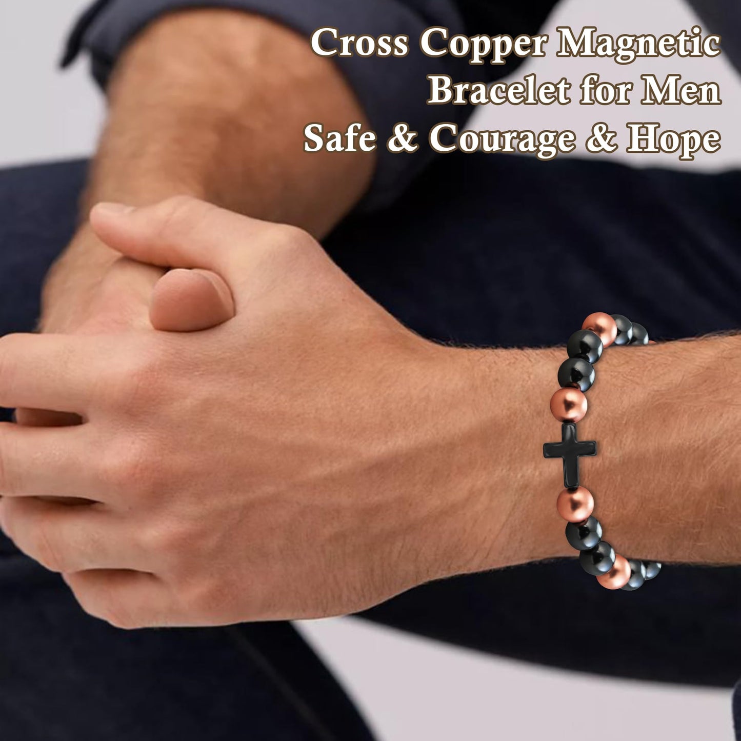 PEALICIOUS Copper Bracelet for Women and Men, 10MM Cross Copper Magnetic Bracelets with 3500 Gauss Magnetic Bead as Christian Jewelry for Dad, Cooper Hematite Jewelry Pulsera de Cobre Para Hombres