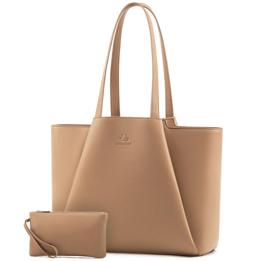 LOVEVOOK Laptop Tote for Women - 15.6 Inch Faux Leather Laptop Bag with Clutch, Large Capacity Office Purse Computer Briefcase for Casual Business Travel,Apricot