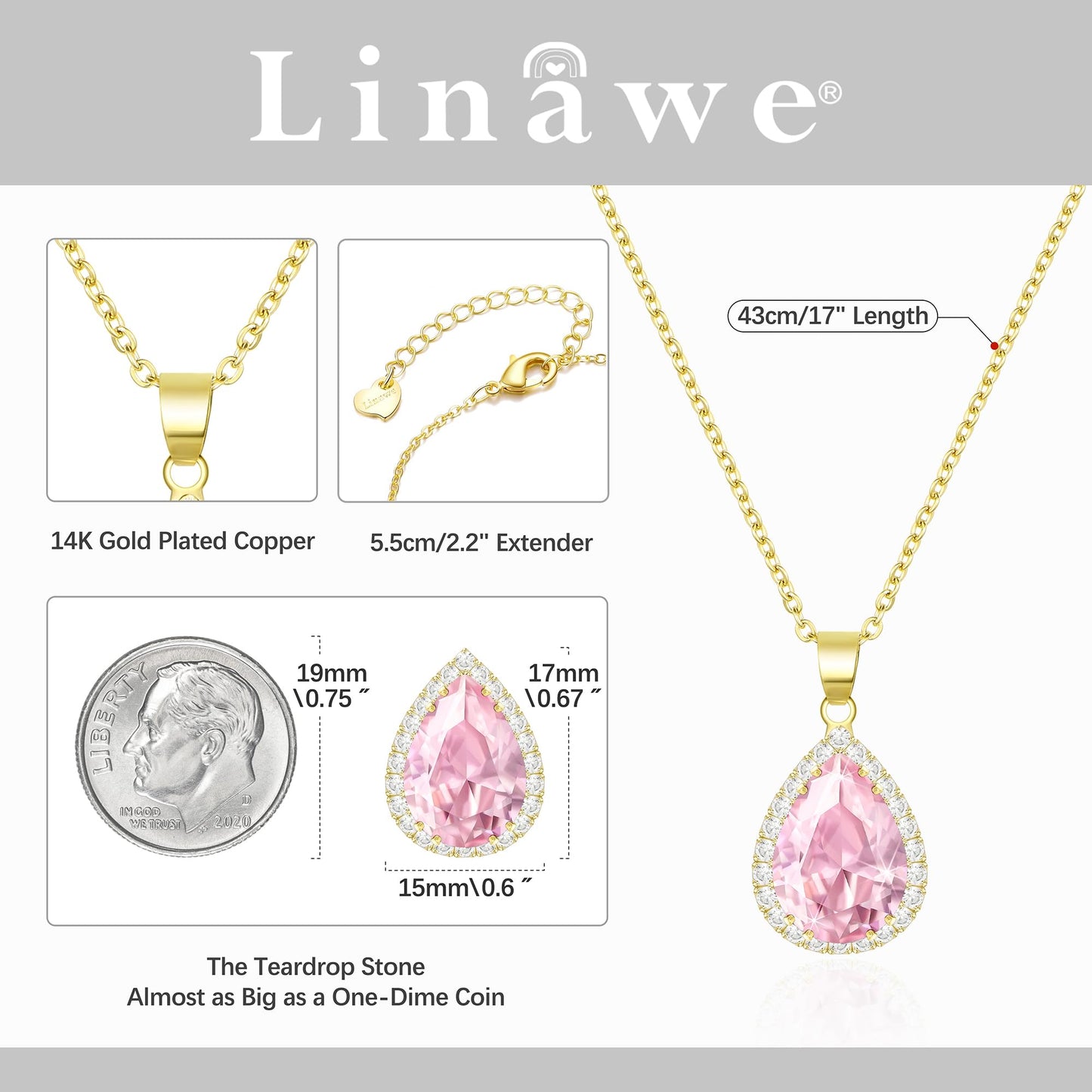 Linawe Fake Pink Crystal Pendant, KC Imitation Gold Plated Chain Imitation Diamond Cubic Zirconia Birthstone Rhinestone Teardrop Necklace, Bridal Wedding Bride Bridesmaids Jewelry Set