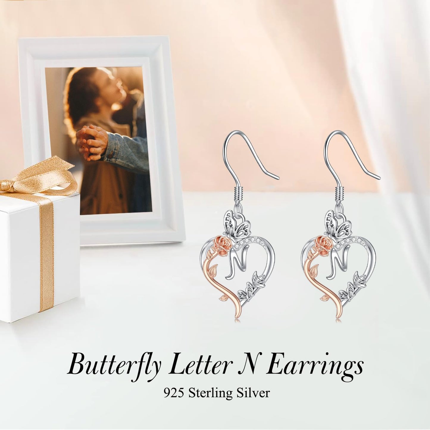 TOUPOP Rose Heart Initial Earrings Sterling Silver Butterfly Earring Initial N Letter Drop Dangle Earrings Jewelry Anniversary Birthday Mothers Day Gifts for Women Mom Wife Girlfriend Her