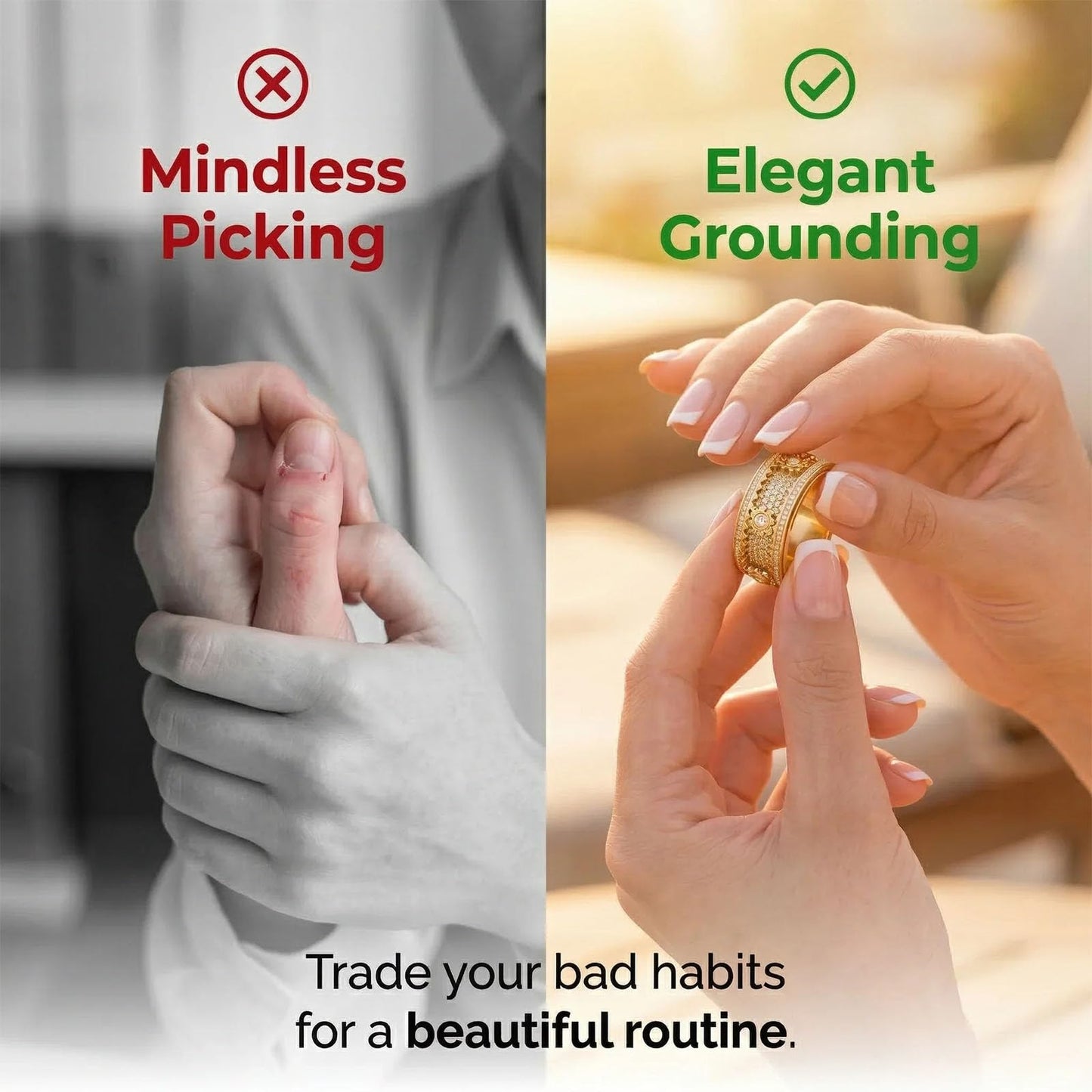 Xarewx Mindfulness Rings for Women, Fidget Ring, Adjustable Anti-Anxiety Fidget Rings, Menopause and Stress Ring, Calm & Everyday Wear (Gold, 8)