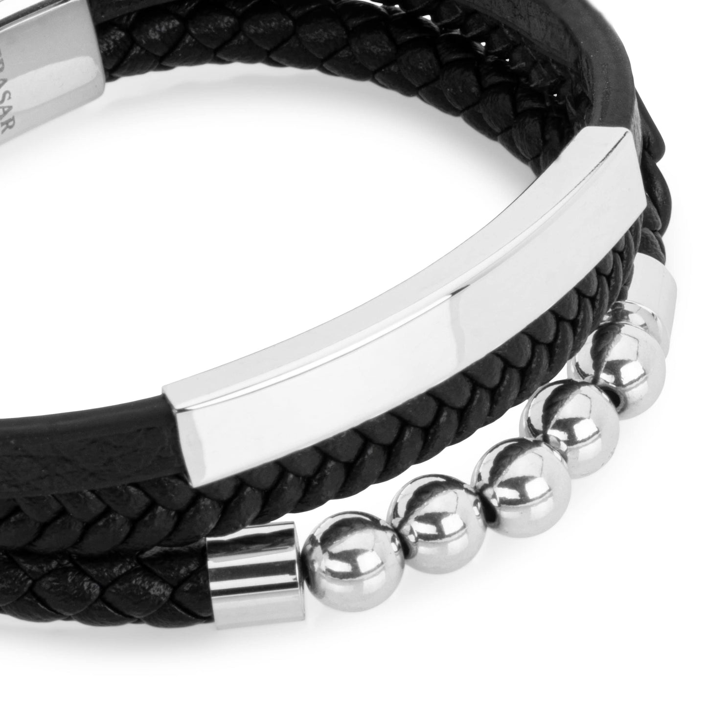 SERASAR Pulsera de cuero plateado para hombre 20cm Idea regalo Caja Piel vacuno trenzada genuino trenzado multicapa ajustable con cierre magnético