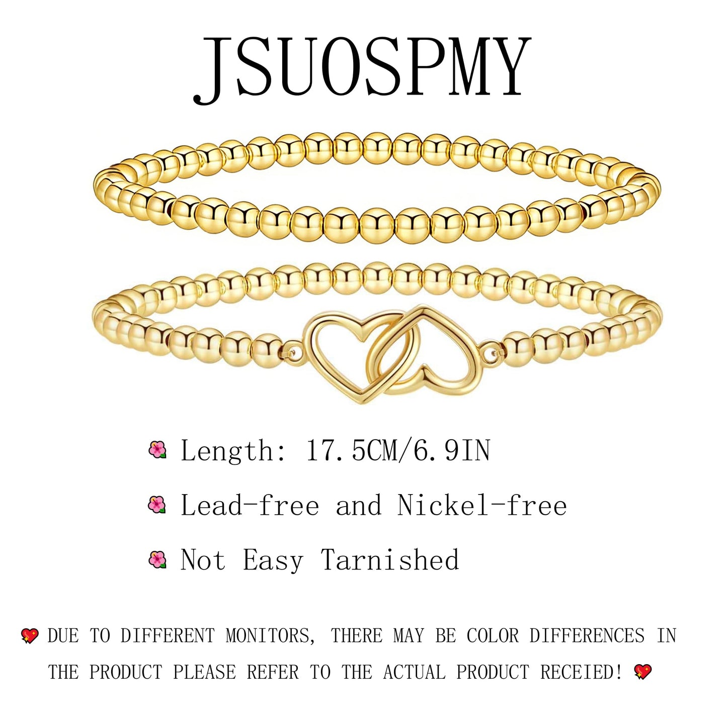 Jsuospmy Gold Beaded Bracelets for Women 14K Gold Double-heart Bracelet Handmade Stackable Bracelets for Women Trendy Non Tarnish Bracelet Jewelry Gift for Womens 2Pcs (03.Double-heart+Beaded (Gold))