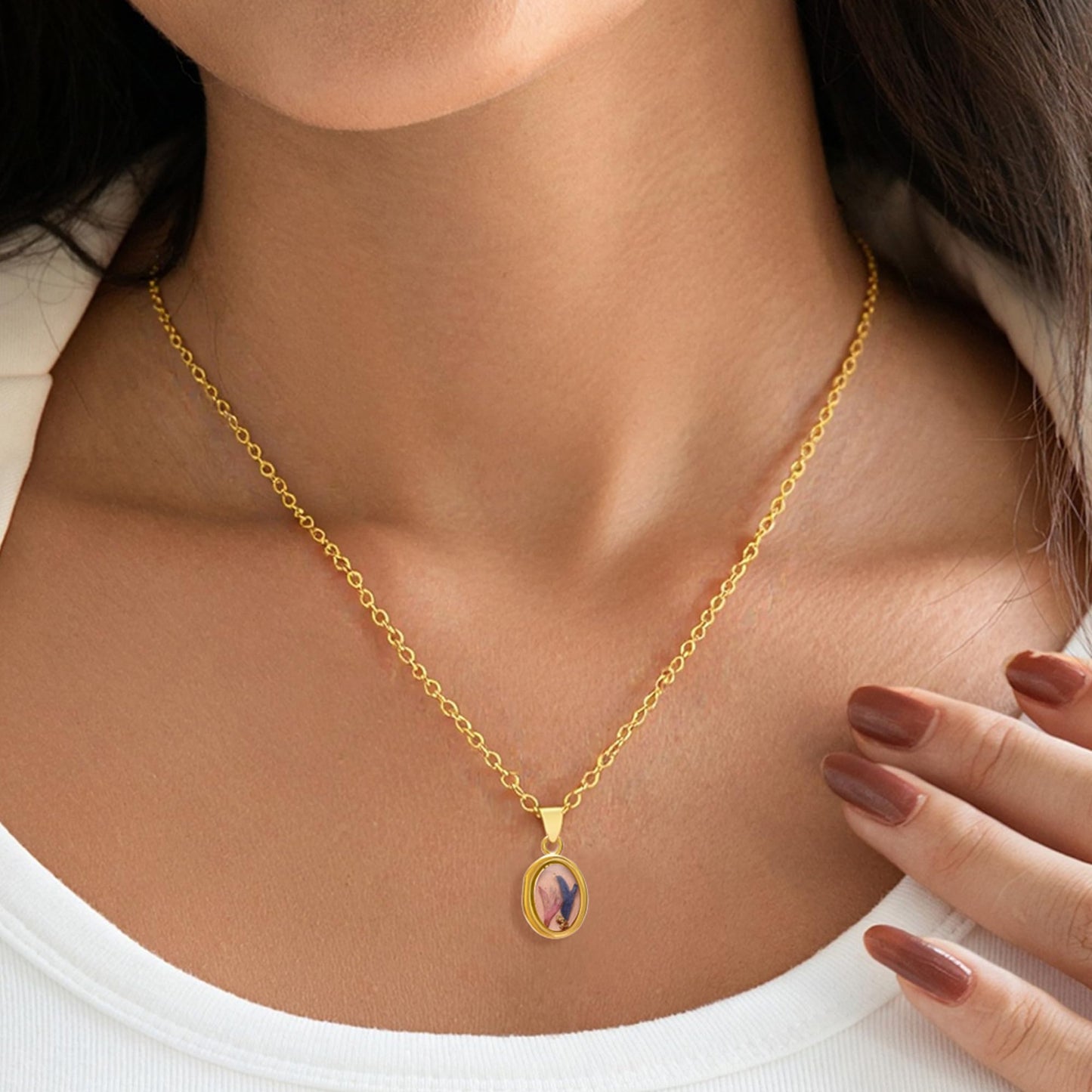 LETFLY Birth Flower Necklaces for Women, 18K Gold Plated Oval Shaped Handmade Floral Pendant, Pressed Flower Necklace Jewelry Gifts Joy