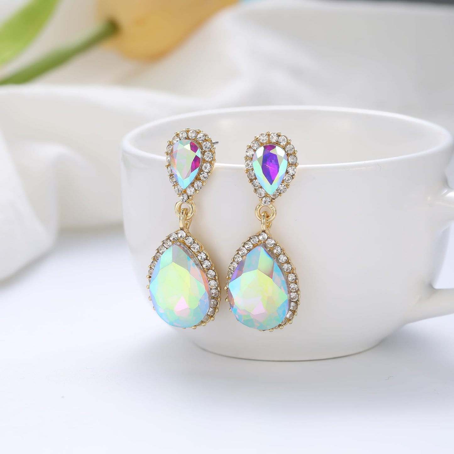 EVER FAITH Women's Austrian Crystal Wedding Tear Drop Dangle Earrings Iridescent AB Gold-Plated-Base