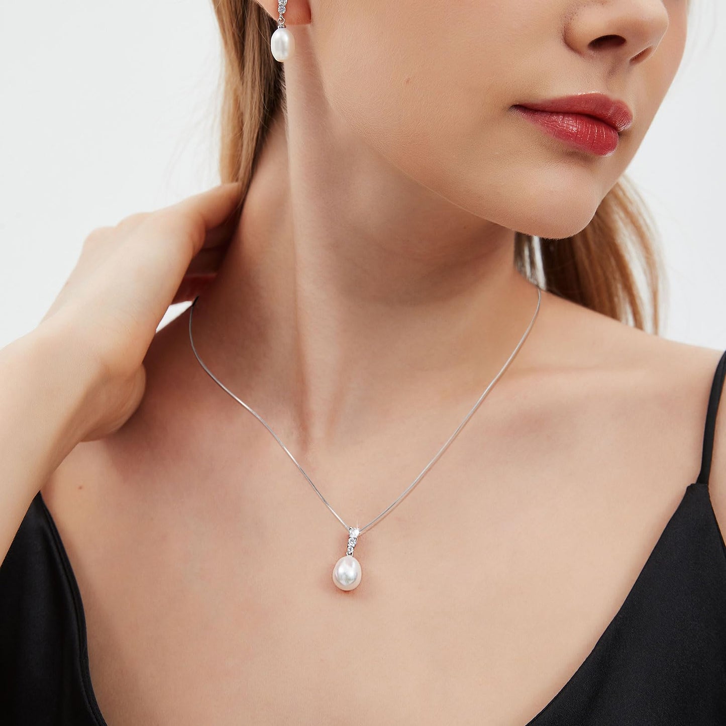 BAMIKI Pearl Necklace and Earrings Set, Freshwater Cultured Pearl Jewelry Set in 925 Sterling Silver with CZ - Elegance for Wife, Mom, Girlfriend on Anniversary, Mother's Day, or Birthday