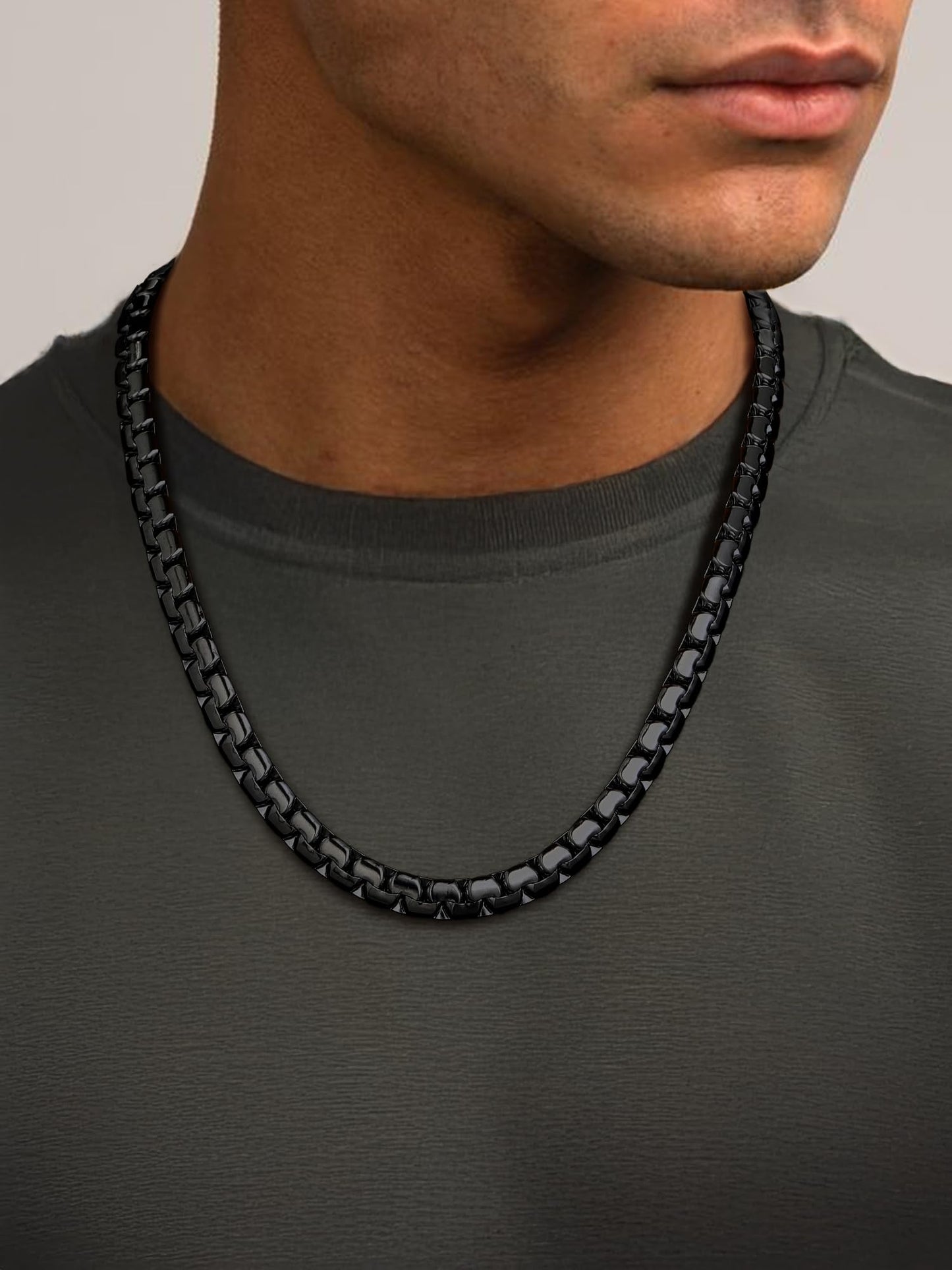 PROSTEEL Black Chain Stainless Steel Necklace Anti-Discoloration 8mm Chunky Flat Box Necklace for Mens Jewelry