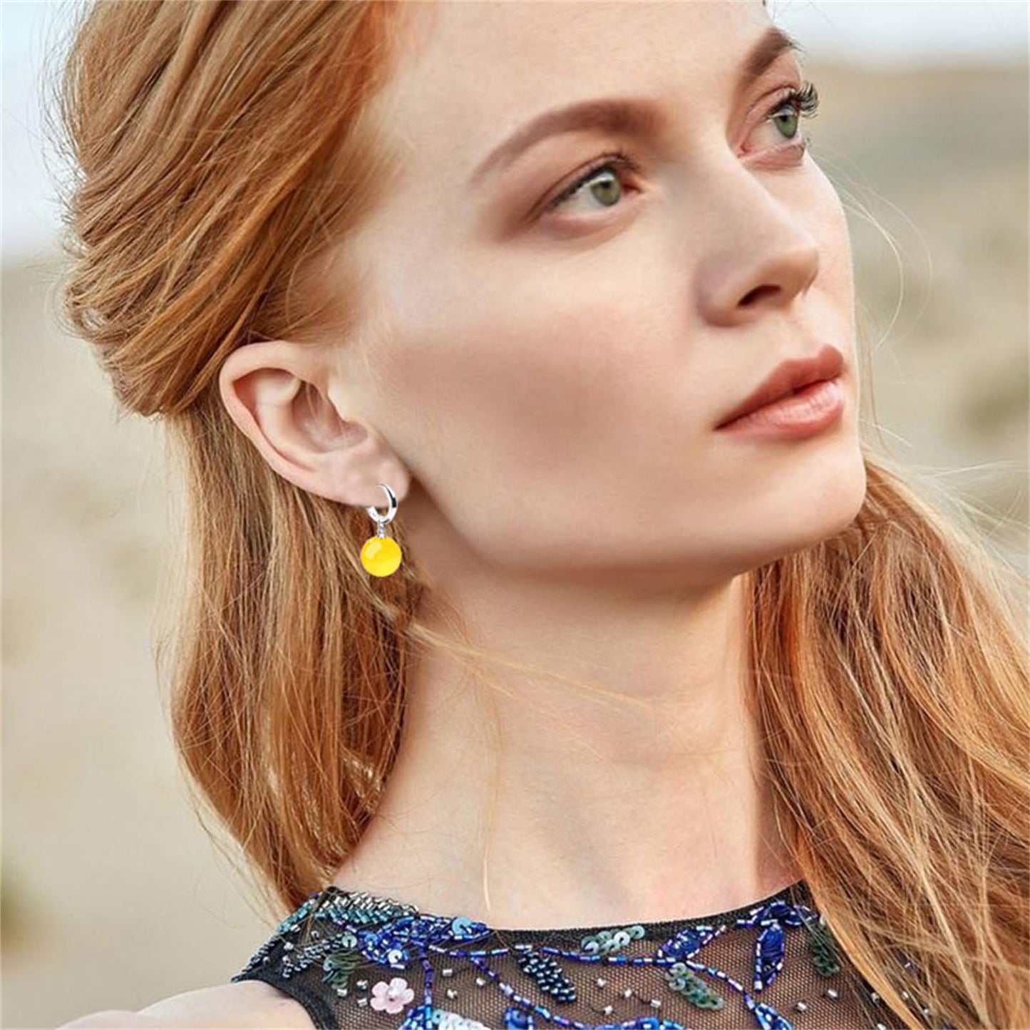 QLYOVWE Handmade Jade Earrings Basic Gemstone Round 12MM Bead Ball Drop Dangle Earrings Rose Quartz Stone Natural Agate Bead Jade Drop Earrings for Women (Yellow)
