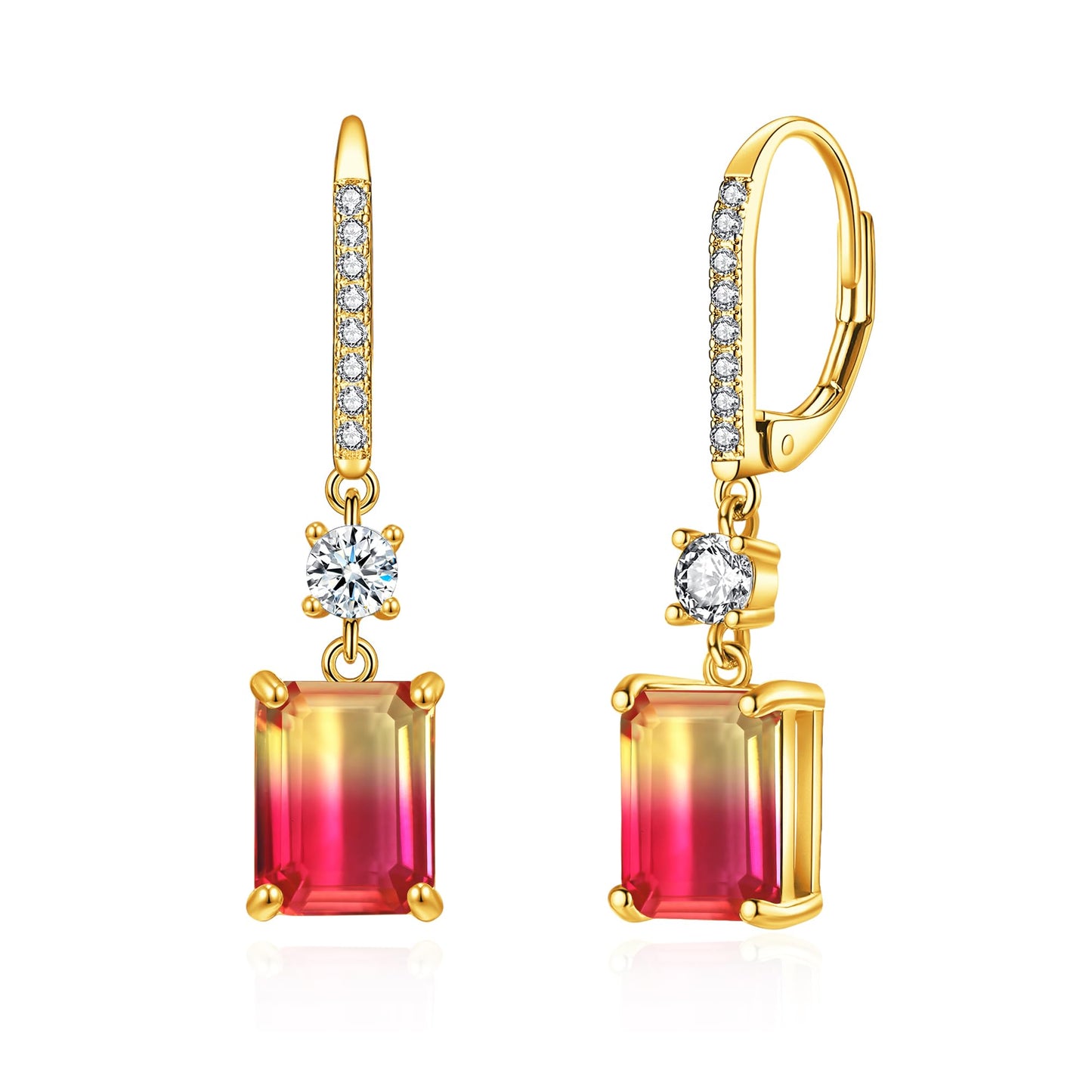 CiNily Leverback Earrings for Women Rectangular-cut Drop Dangle Earring Hypoallergenic, 14K Gold Plated Red Yellow Gradient Cubic Zircon Earrings Diamond Dangle Ear Rings Jewelry Birthday