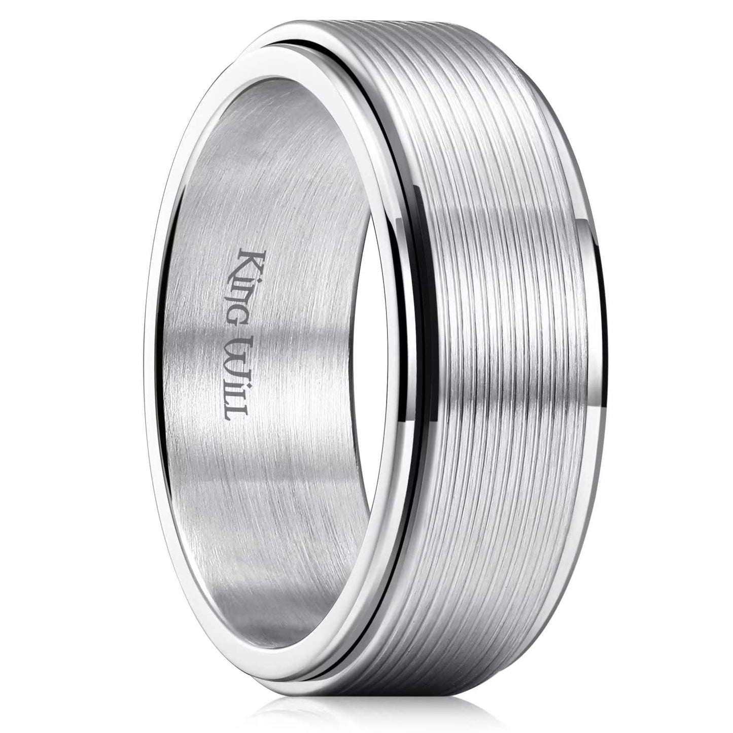 King Will Mens Silver 8mm Groove Spinner Rings Stainless Steel Anxiety Fidget Ring for Women Men Polish Thin Line Groove Wedding Band Fidget Ring Matte Brushed Comfort Fit 8