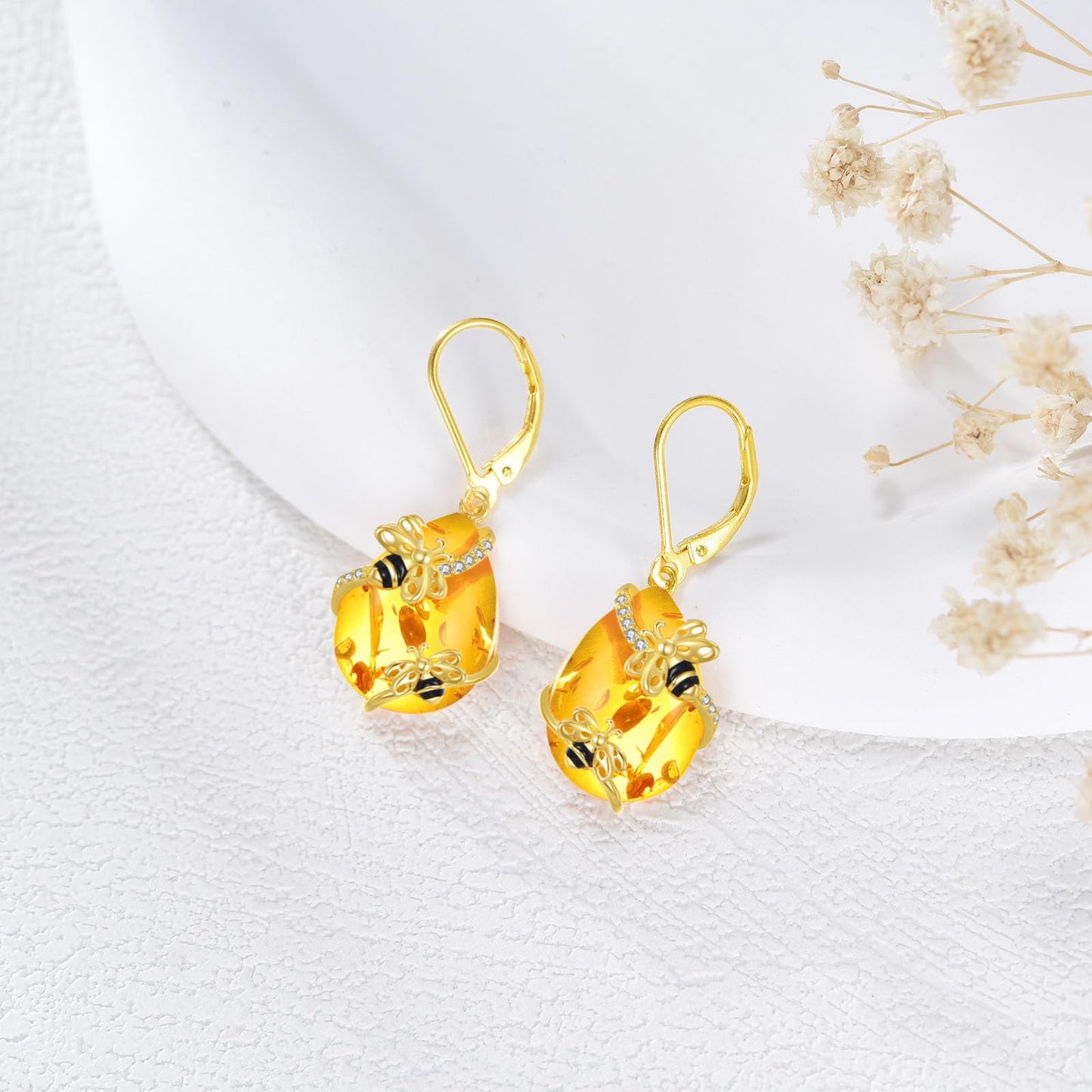 TIGER RIDER Bee Earring 925 Sterling Silver Amber French Clasp Leverback Earrings Jewelry Gift for Women